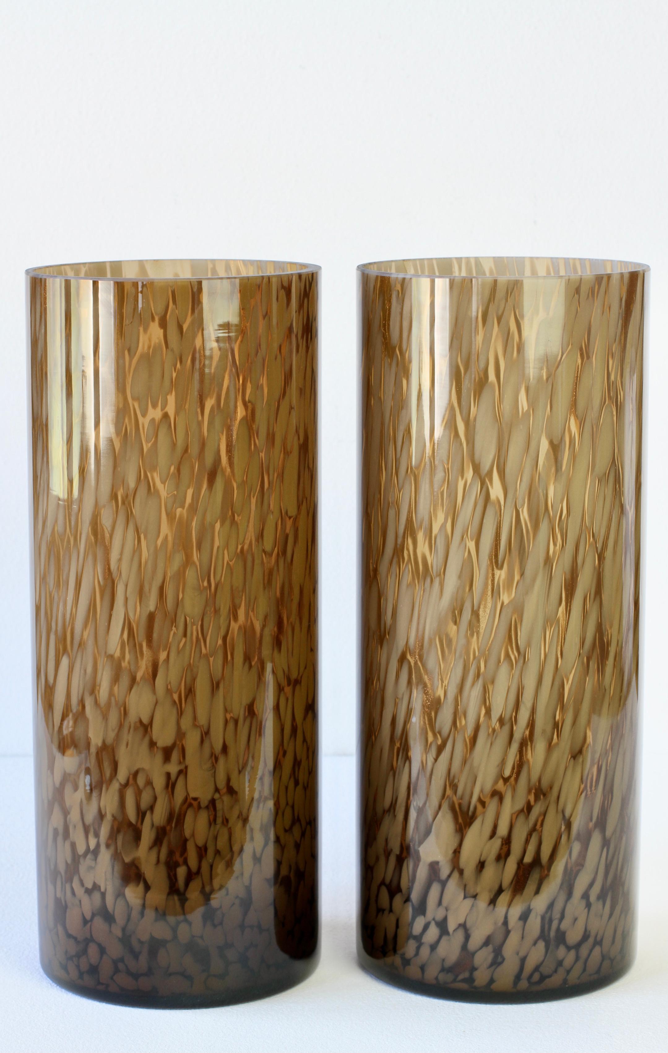 Large, tall and rare pair 'Aventurine' Cenedese vintage Italian midcentury modern Murano glass vases, made on the island of Murano, Italy, circa 1970-1990. Particularly striking is the white speckled, dotted patches encased in brown glass with