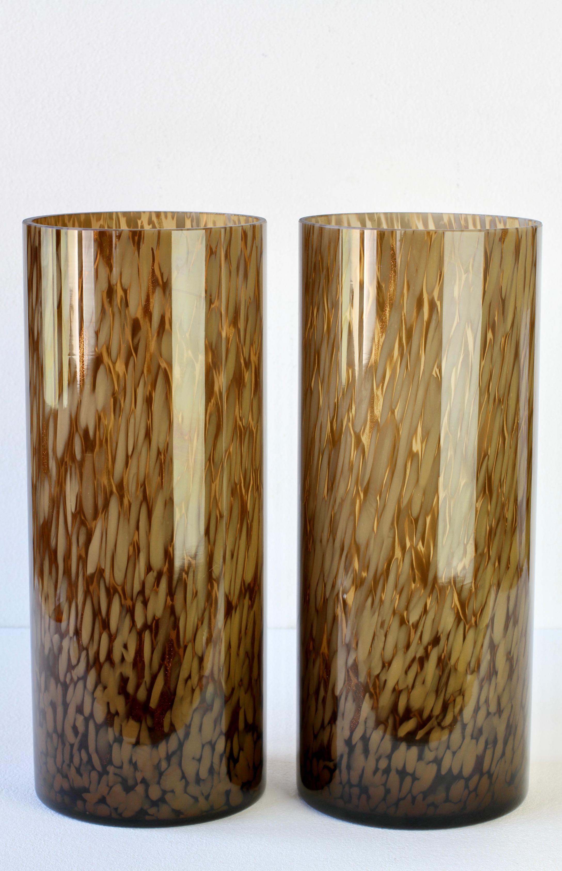 Mid-Century Modern Tall Pair Cenedese Vintage Mid-Century Italian Brown Speckled Murano Glass Vases For Sale