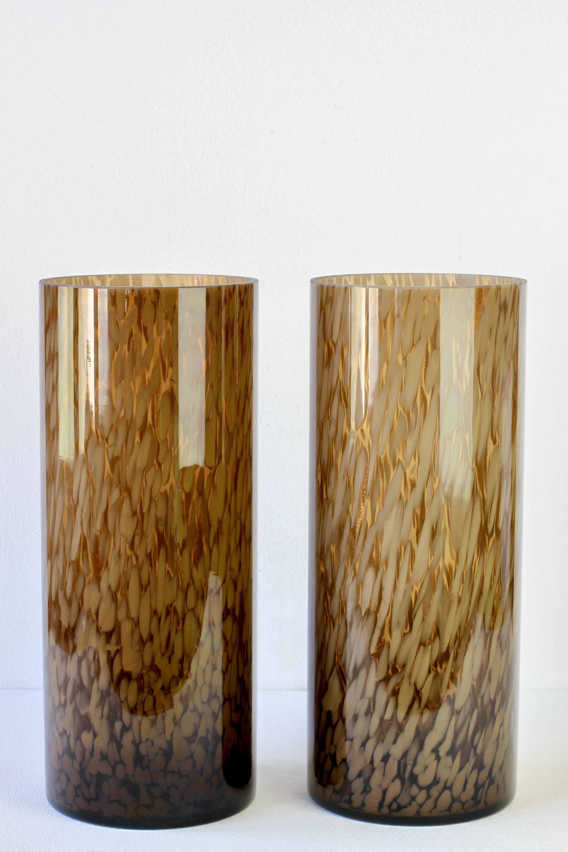 20th Century Tall Pair Cenedese Vintage Mid-Century Italian Brown Speckled Murano Glass Vases For Sale