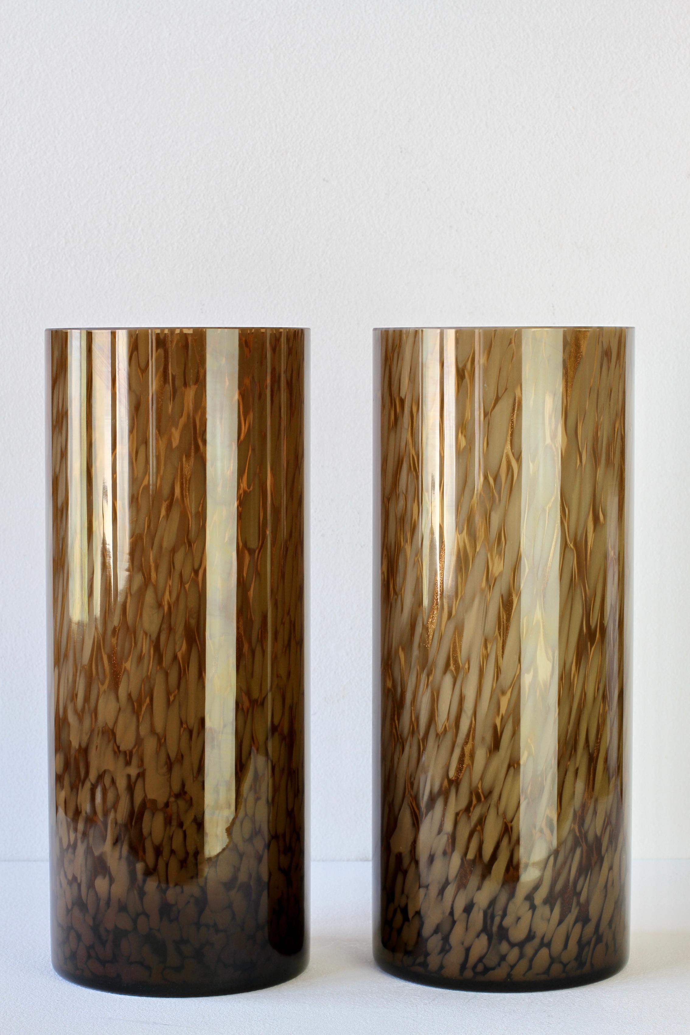 Blown Glass Tall Pair Cenedese Vintage Mid-Century Italian Brown Speckled Murano Glass Vases For Sale