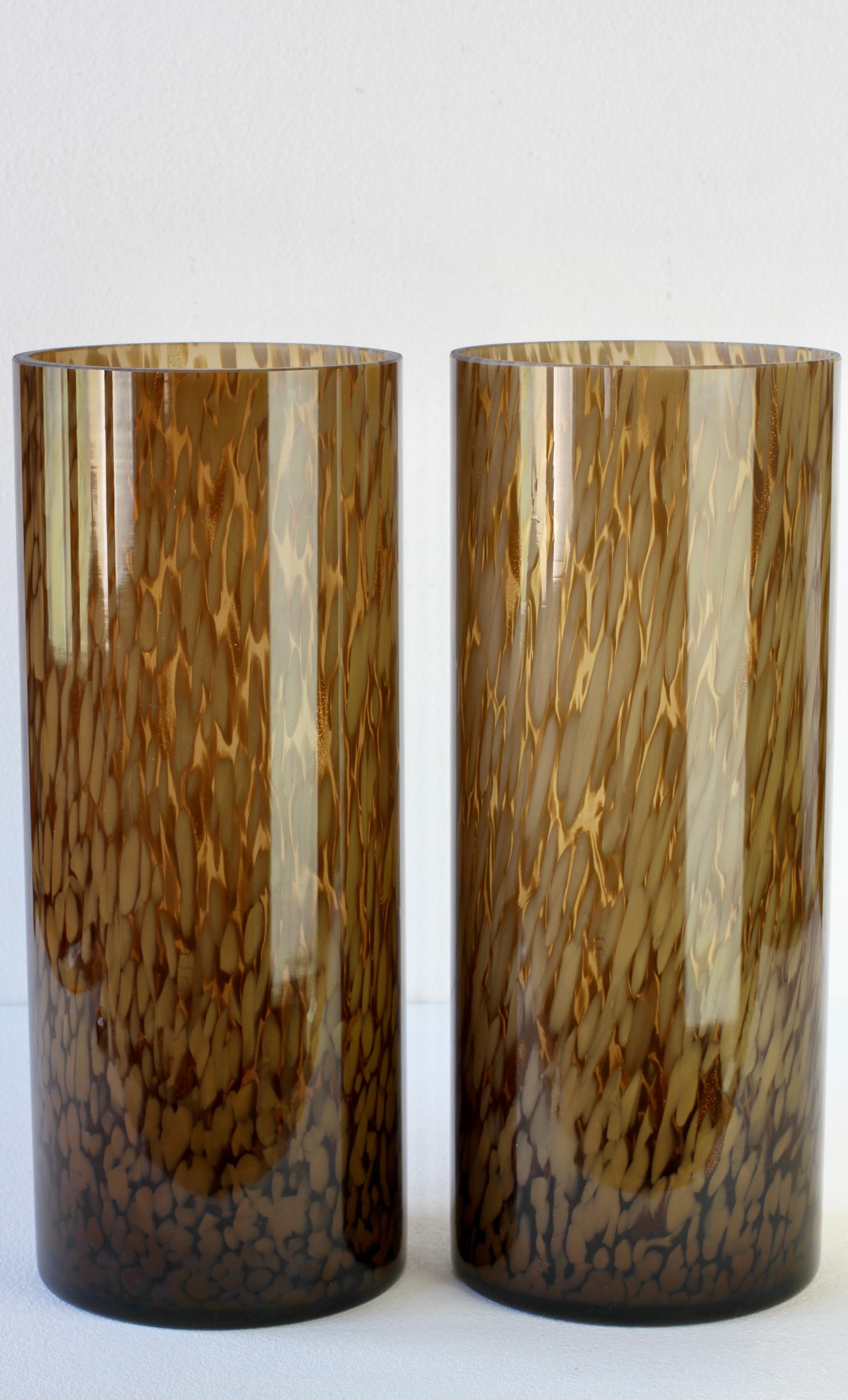 Tall Pair Cenedese Vintage Mid-Century Italian Brown Speckled Murano Glass Vases For Sale 1
