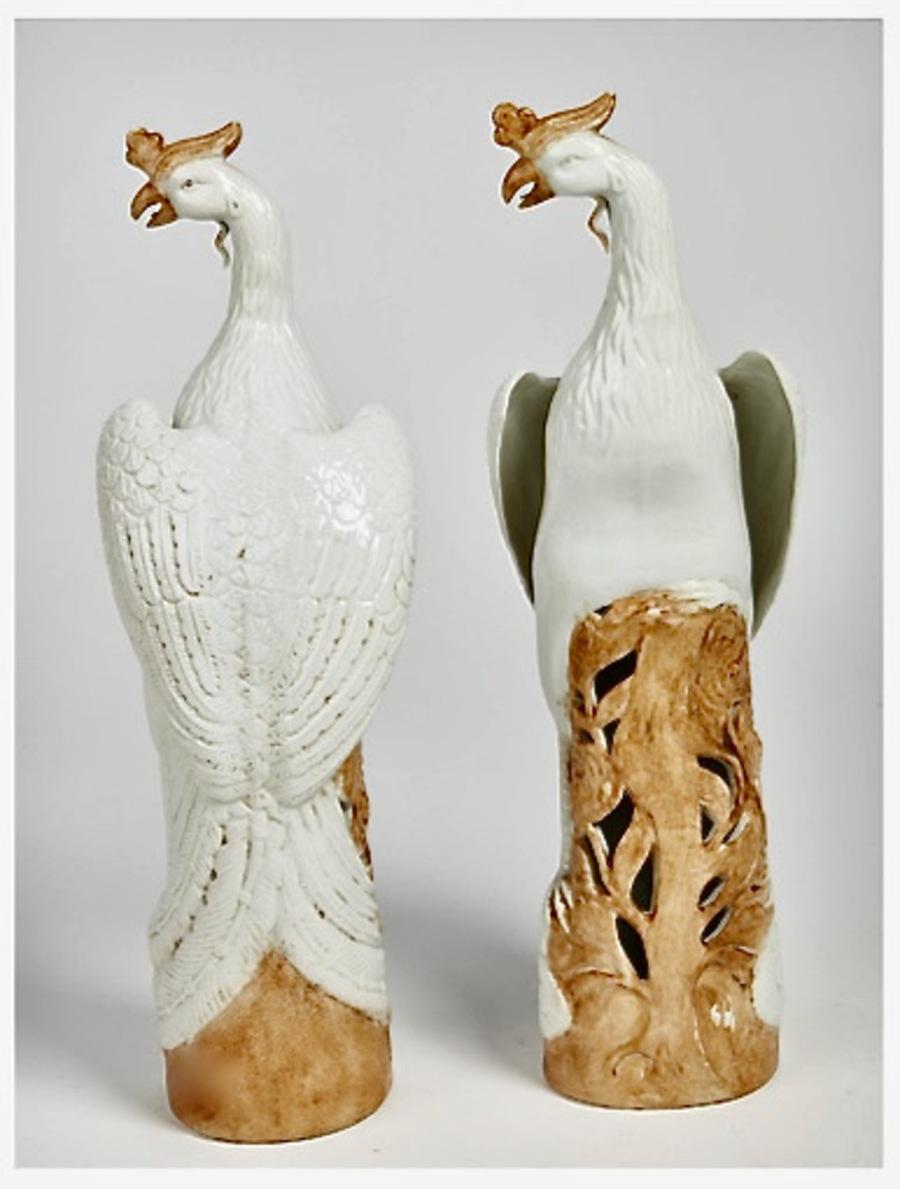 This is a wonderful pair of Chinese Export porcelain Phoenix Birds that dates to the late Ching Period. These birds are more commonly found decorated in brilliant greens and other colors and it is refreshing to find this pair in a more refined