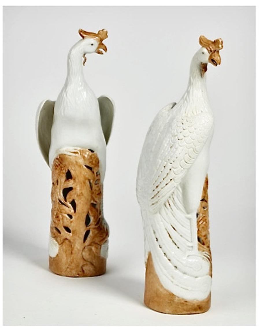 20th Century Tall Pair Chinese Export Porcelain Phoenix Birds or HoHo Birds For Sale