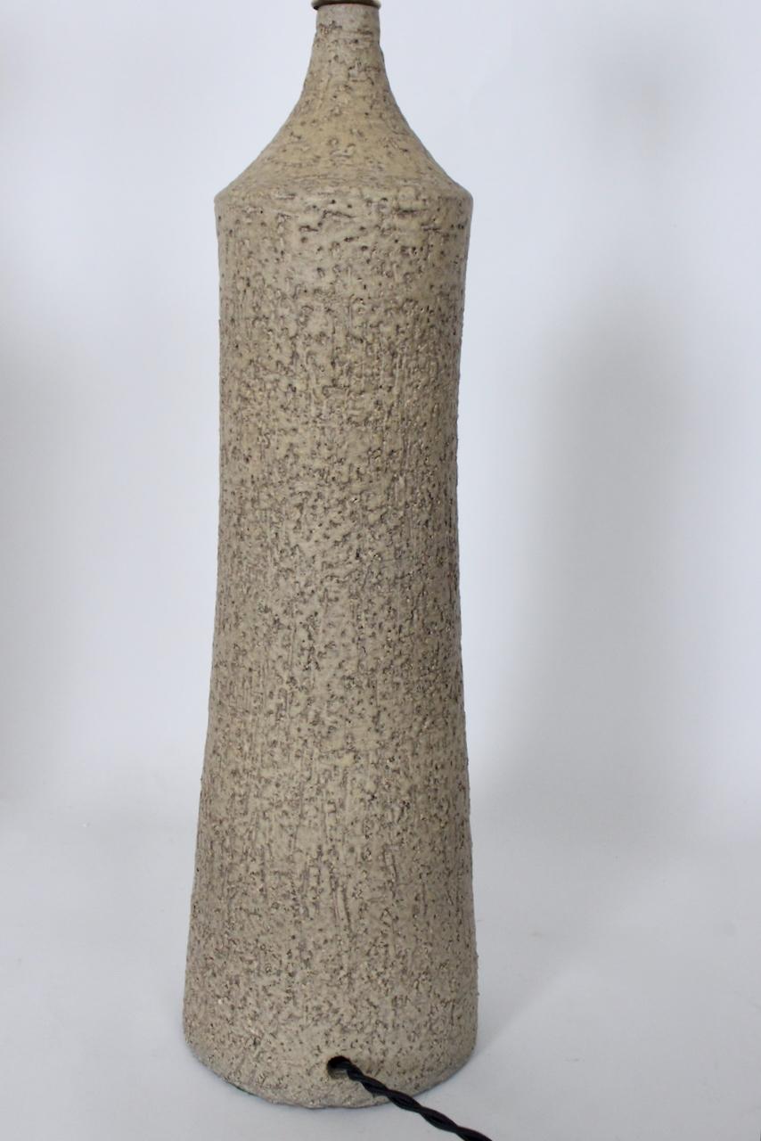 Tall Pair Design Technics Attributed Textured Taupe Pottery Table Lamps For Sale 7