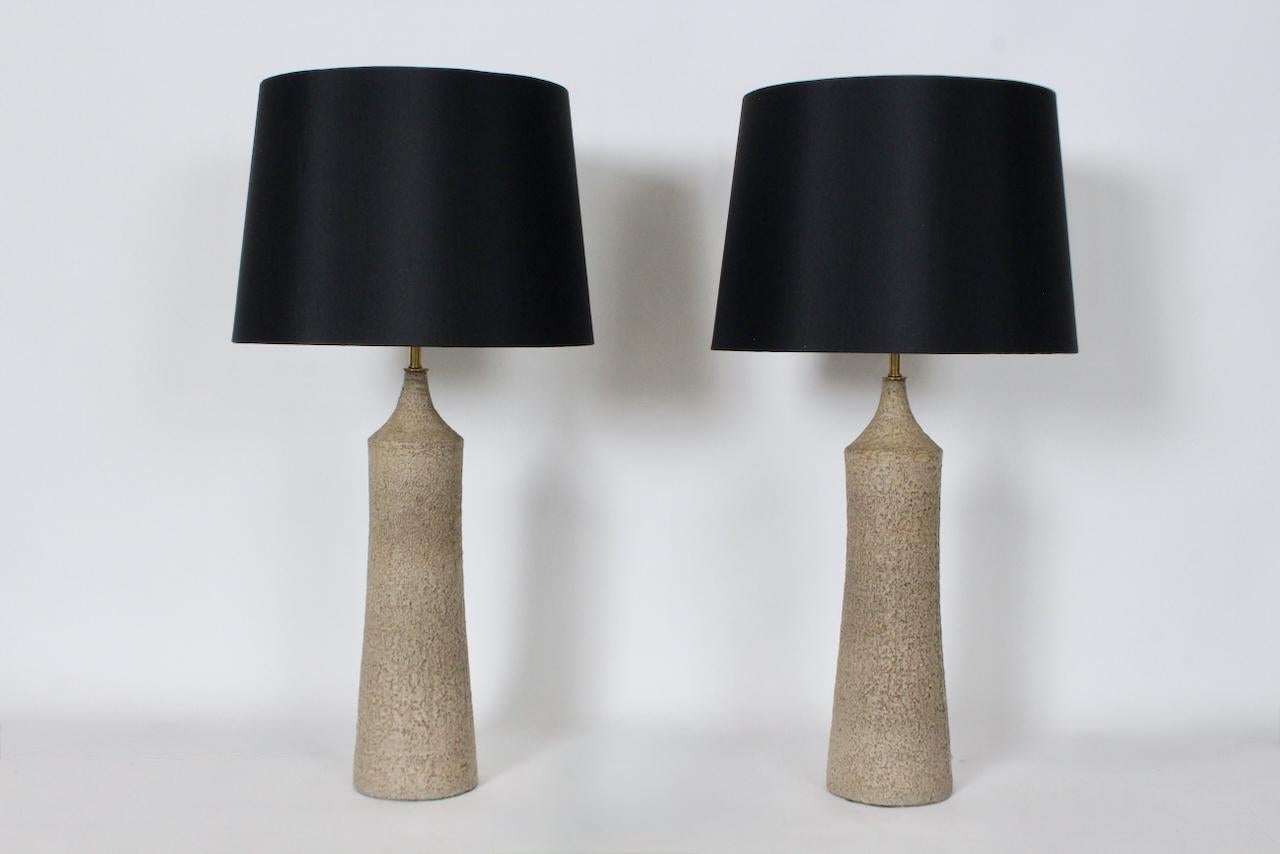 Tall Pair Design Technics Attributed Textured Taupe Pottery Table Lamps For Sale 12