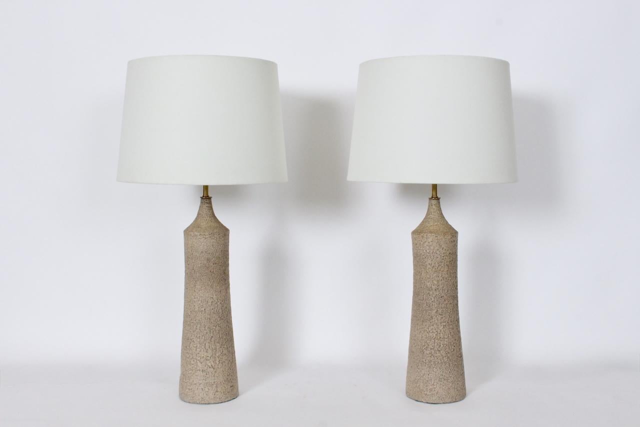 Tall Pair Design Technics Attributed Textured Taupe Pottery Table Lamps For Sale 13