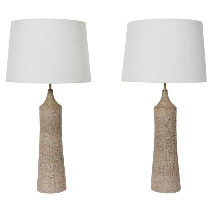 Tall Pair Design Technics Attributed Textured Taupe Pottery Table Lamps For Sale