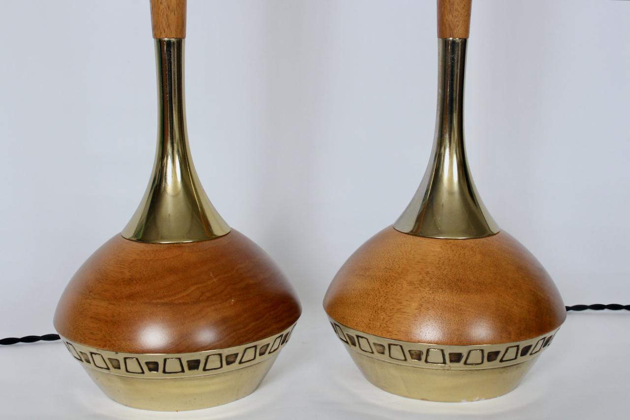Tall Pair Laurel Lamp Co. Tony Paul Style Teak & Brass Table Lamps, 1960s For Sale 6