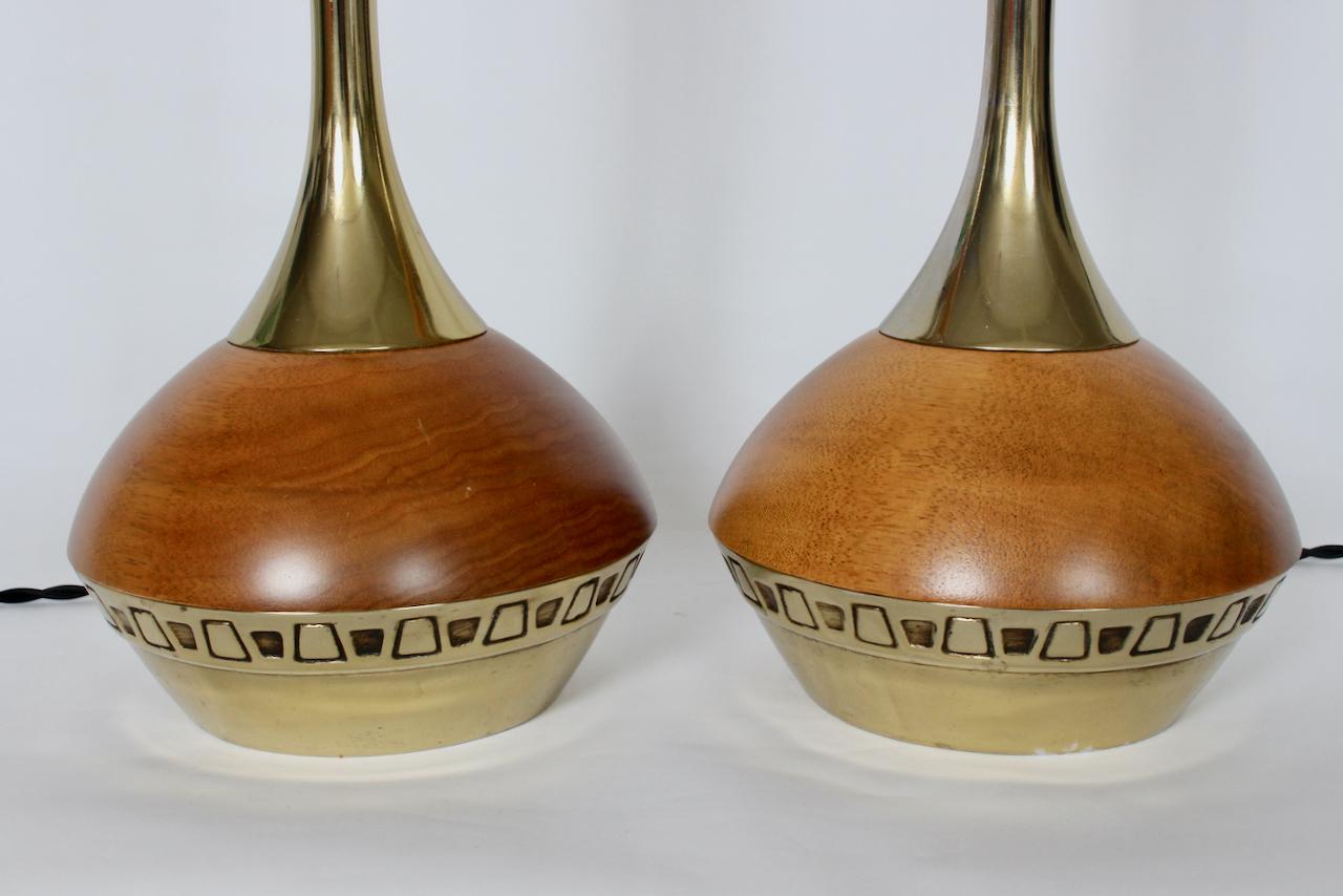 Tall Pair Laurel Lamp Co. Tony Paul Style Teak & Brass Table Lamps, 1960s For Sale 7