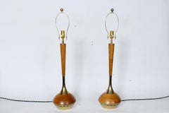 Tall Pair Laurel Lamp Co. Tony Paul Style Teak & Brass Table Lamps, 1960s