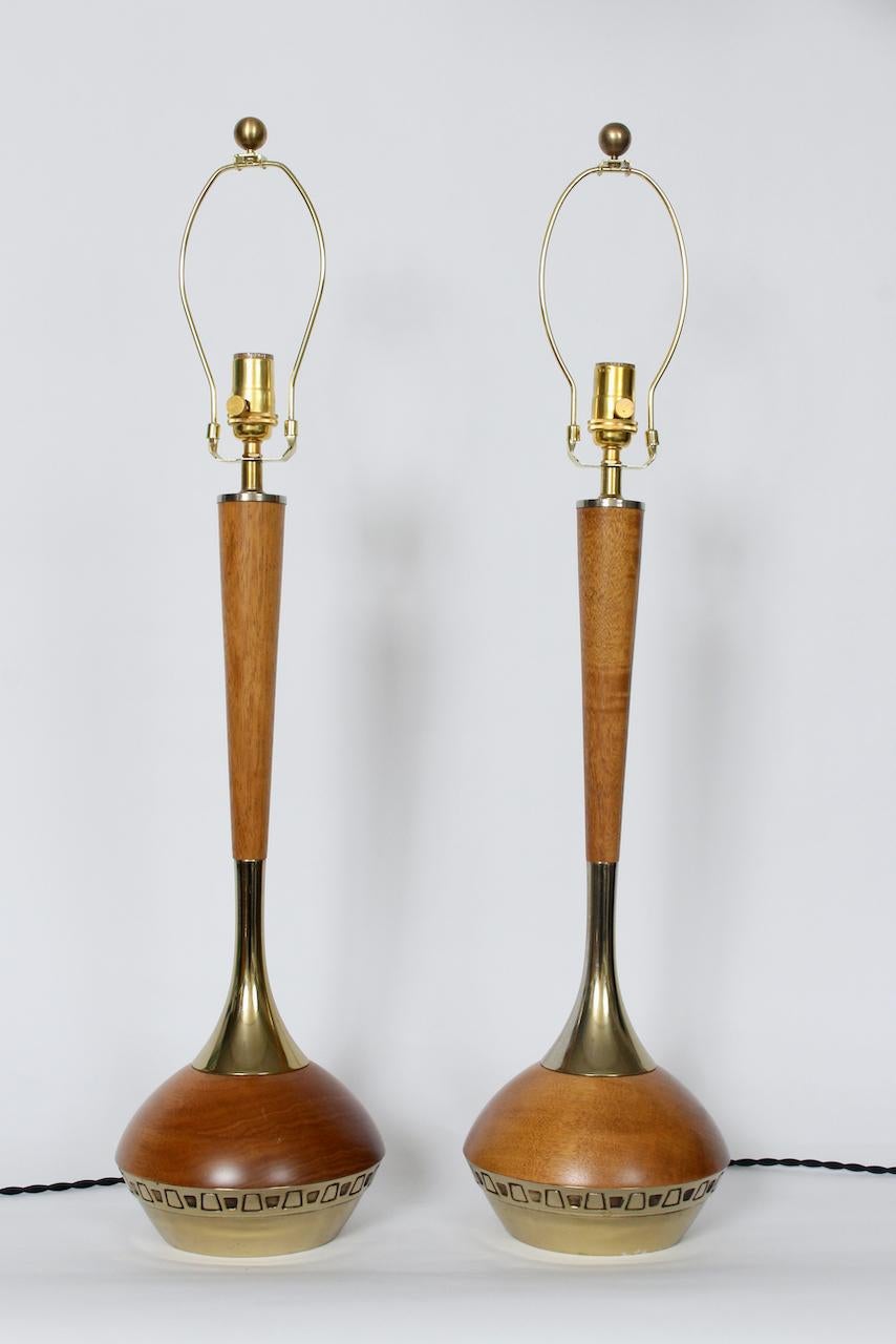 American Tall Pair Laurel Lamp Co. Tony Paul Style Teak & Brass Table Lamps, 1960s For Sale