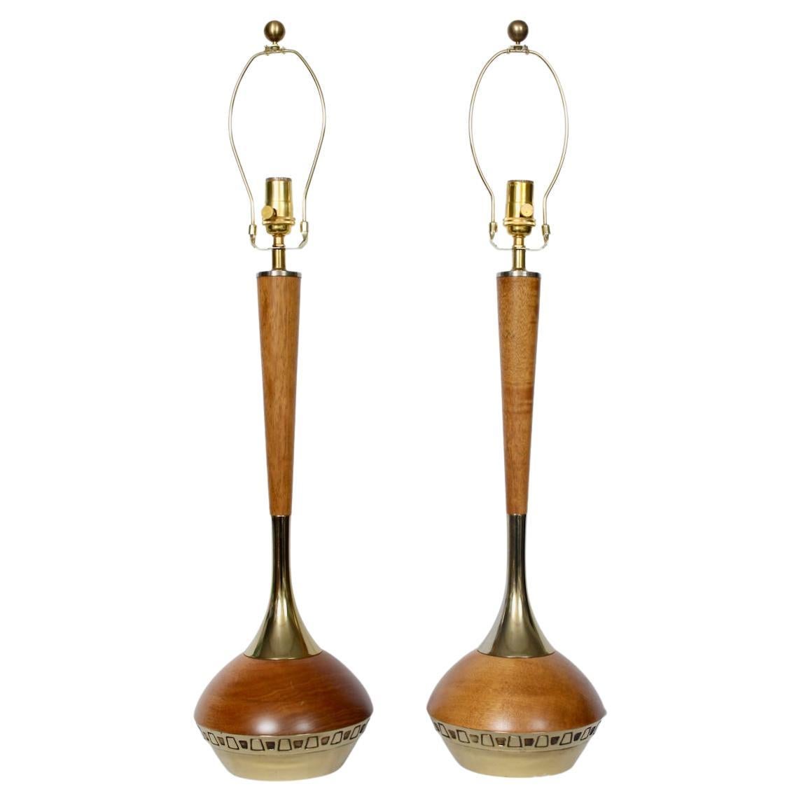Tall Pair Laurel Lamp Co. Tony Paul Style Teak & Brass Table Lamps, 1960s For Sale