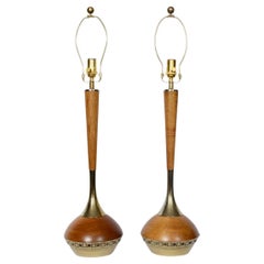 Retro Tall Pair Laurel Lamp Co. Tony Paul Style Teak & Brass Table Lamps, 1960s