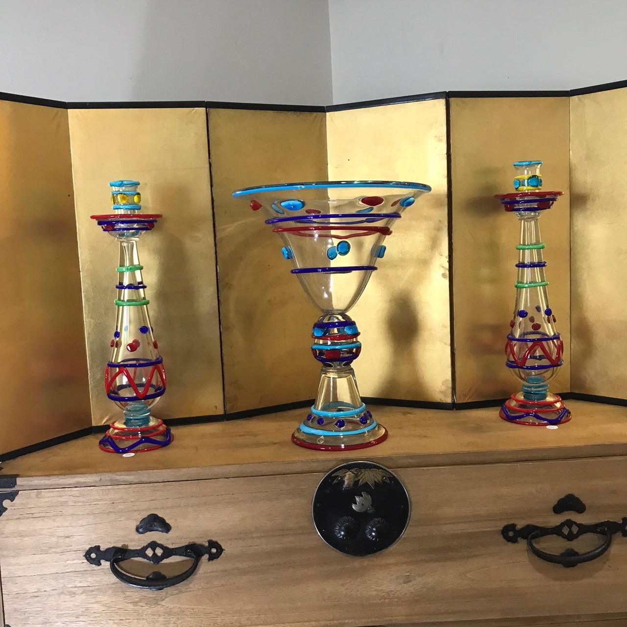 Tall Pair Masterwork Hand Blown Colorful Glass Candle holders, 18