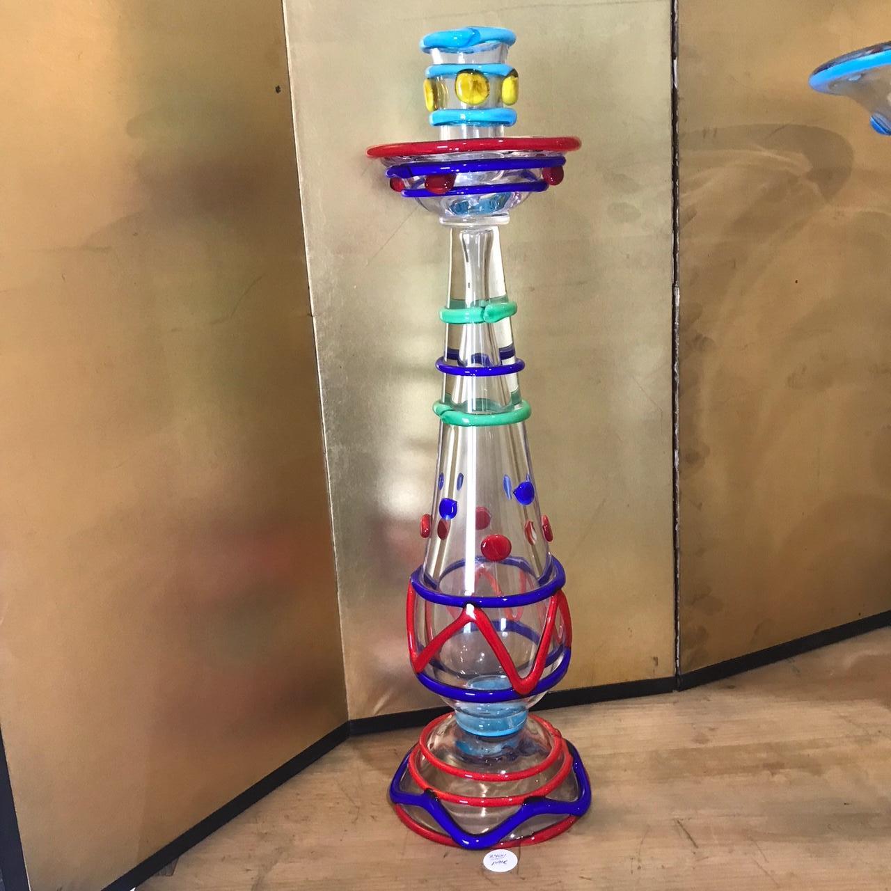 Tall Pair Masterwork Hand Blown Colorful Glass Candle holders, 18