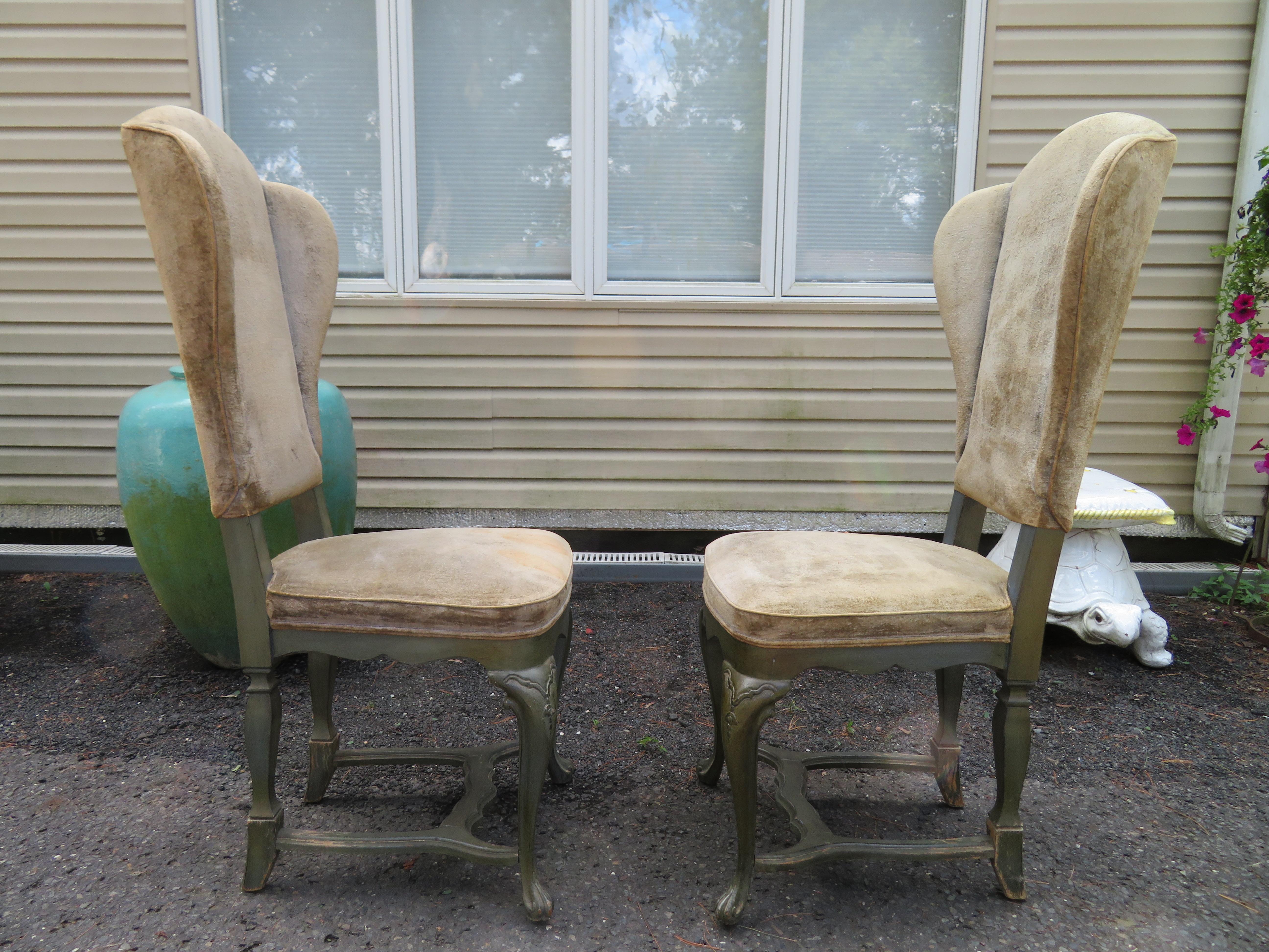Painted Tall Pair Minton Spidell Style Italian Regency Rococo Wing Back Dining Chairs For Sale