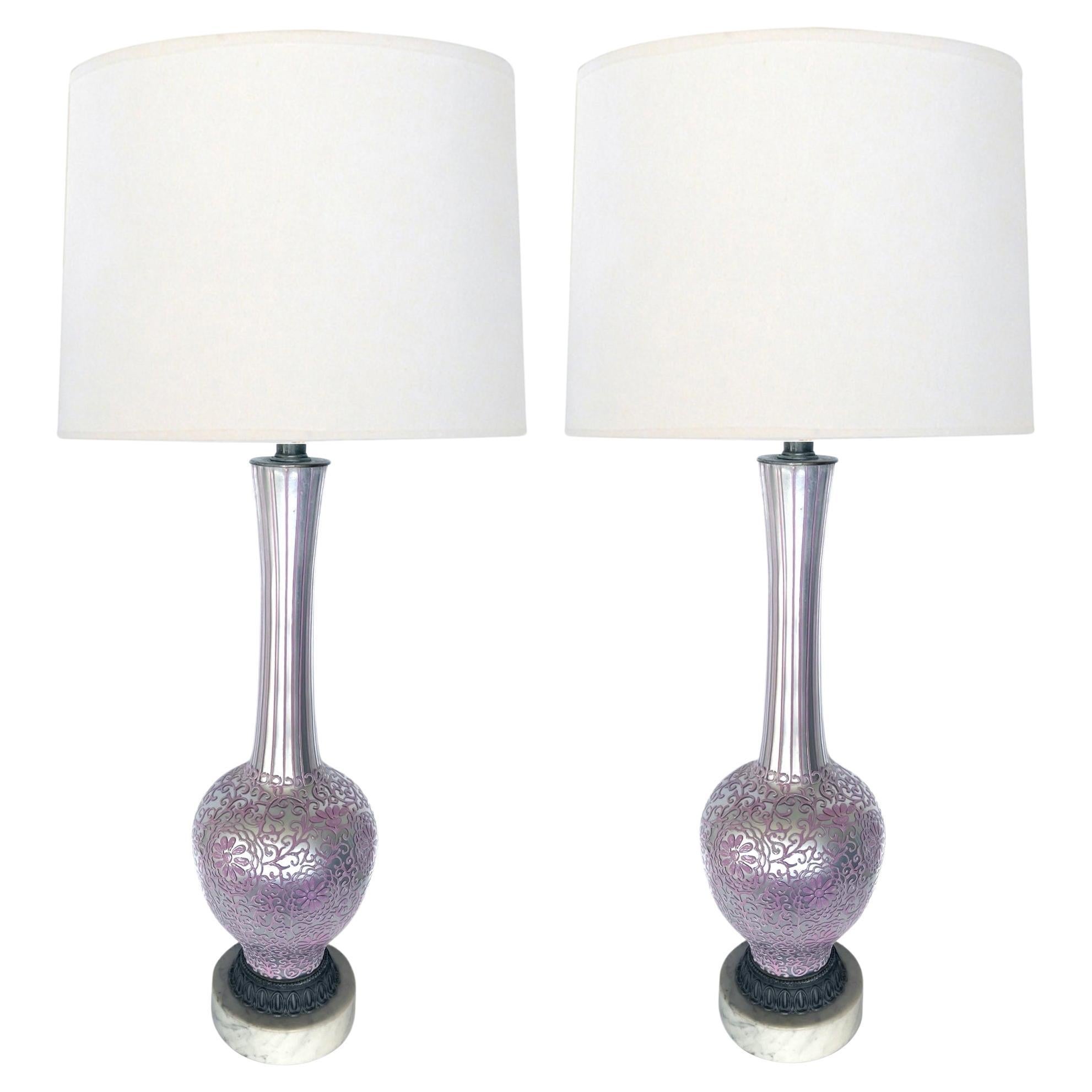 Tall Pair of 1960's Reverse-Silvered Lamps with Applied Floral Vine Decoration For Sale