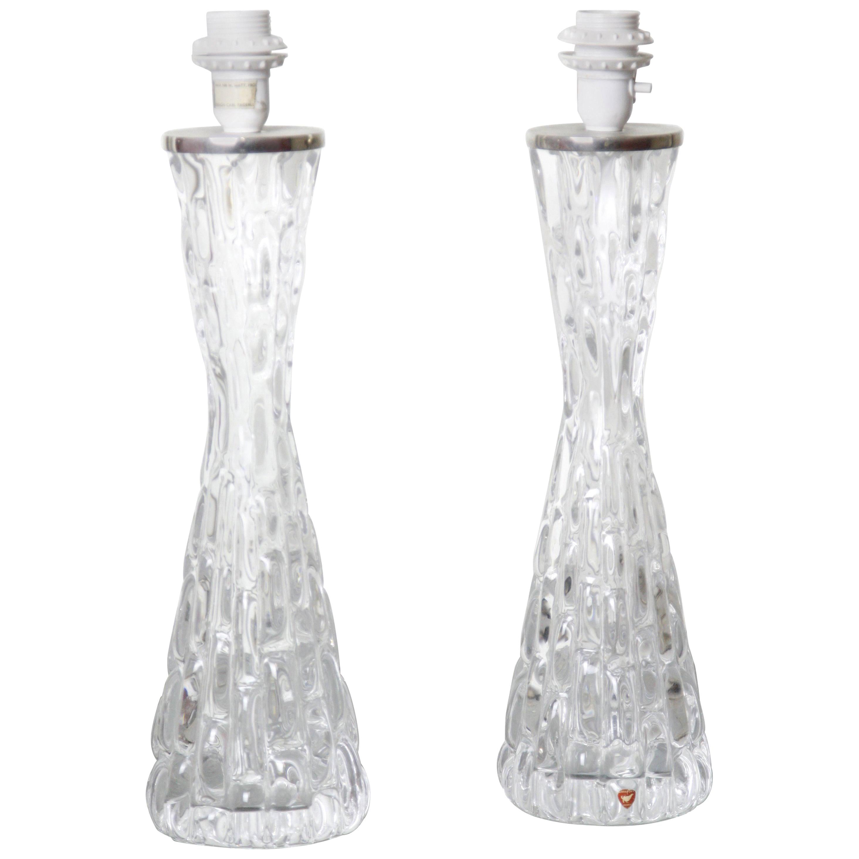 Tall Pair of 1970s Clear Crystal Orrefors Lamps, 1970
