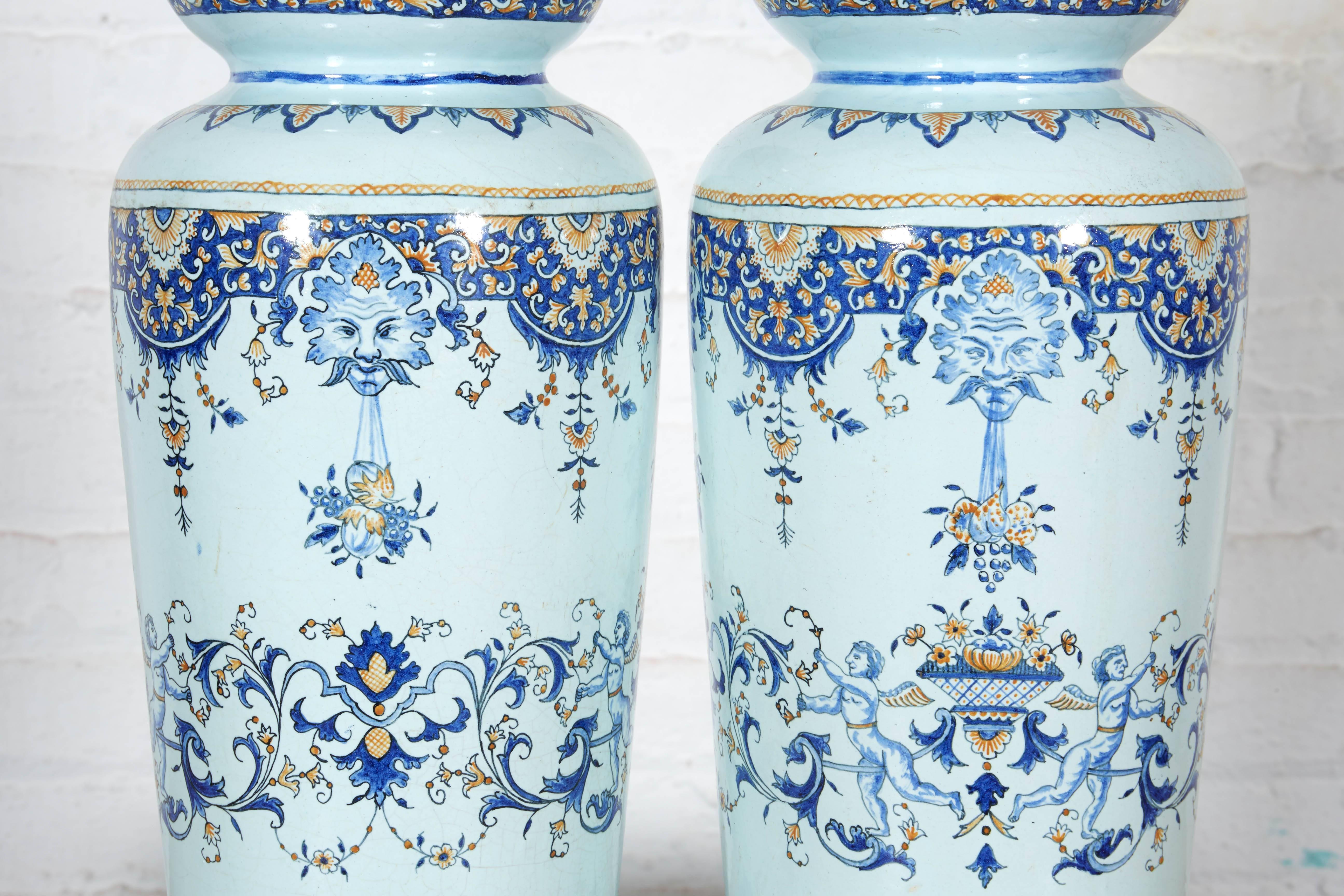 Renaissance Revival Tall Pair of 19th Century French Faience Vases Mounted as Lamps