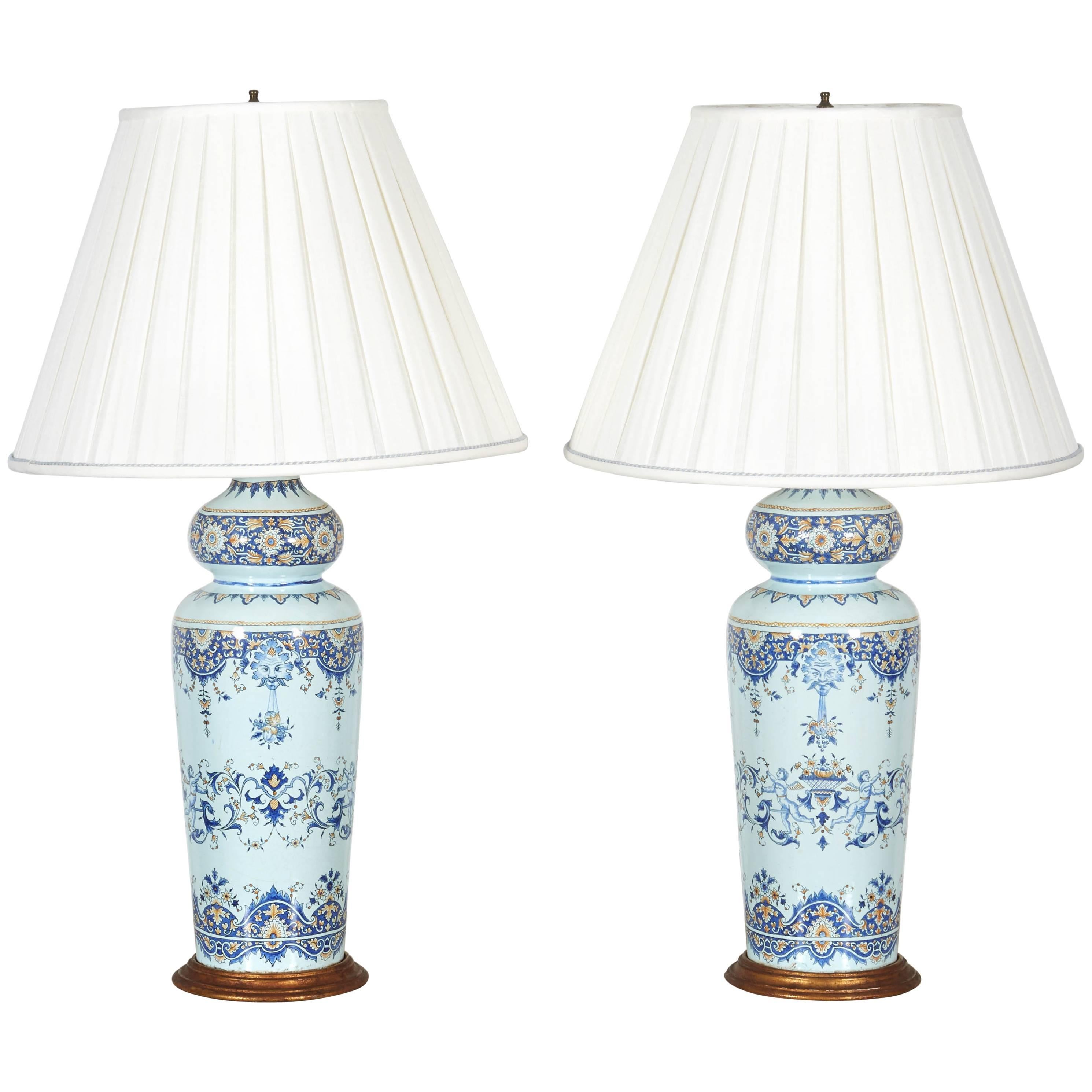 Tall Pair of 19th Century French Faience Vases Mounted as Lamps