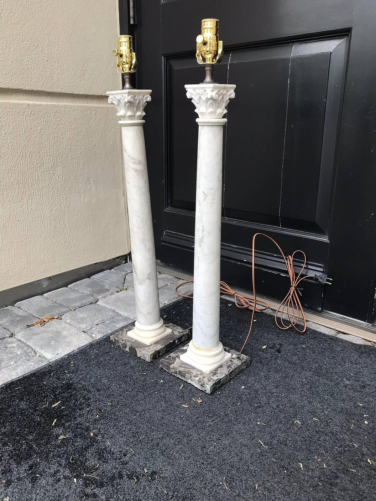 Tall Pair of 19th Century Marble Columns as Lamps, Black Marble Bases In Good Condition In Atlanta, GA