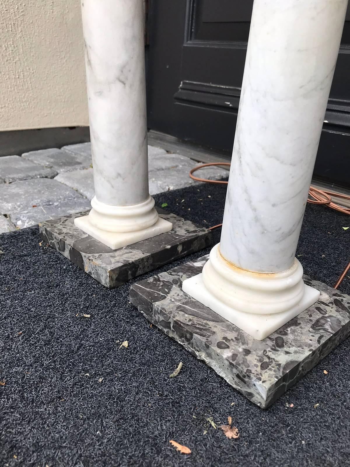 Tall Pair of 19th Century Marble Columns as Lamps, Black Marble Bases 3