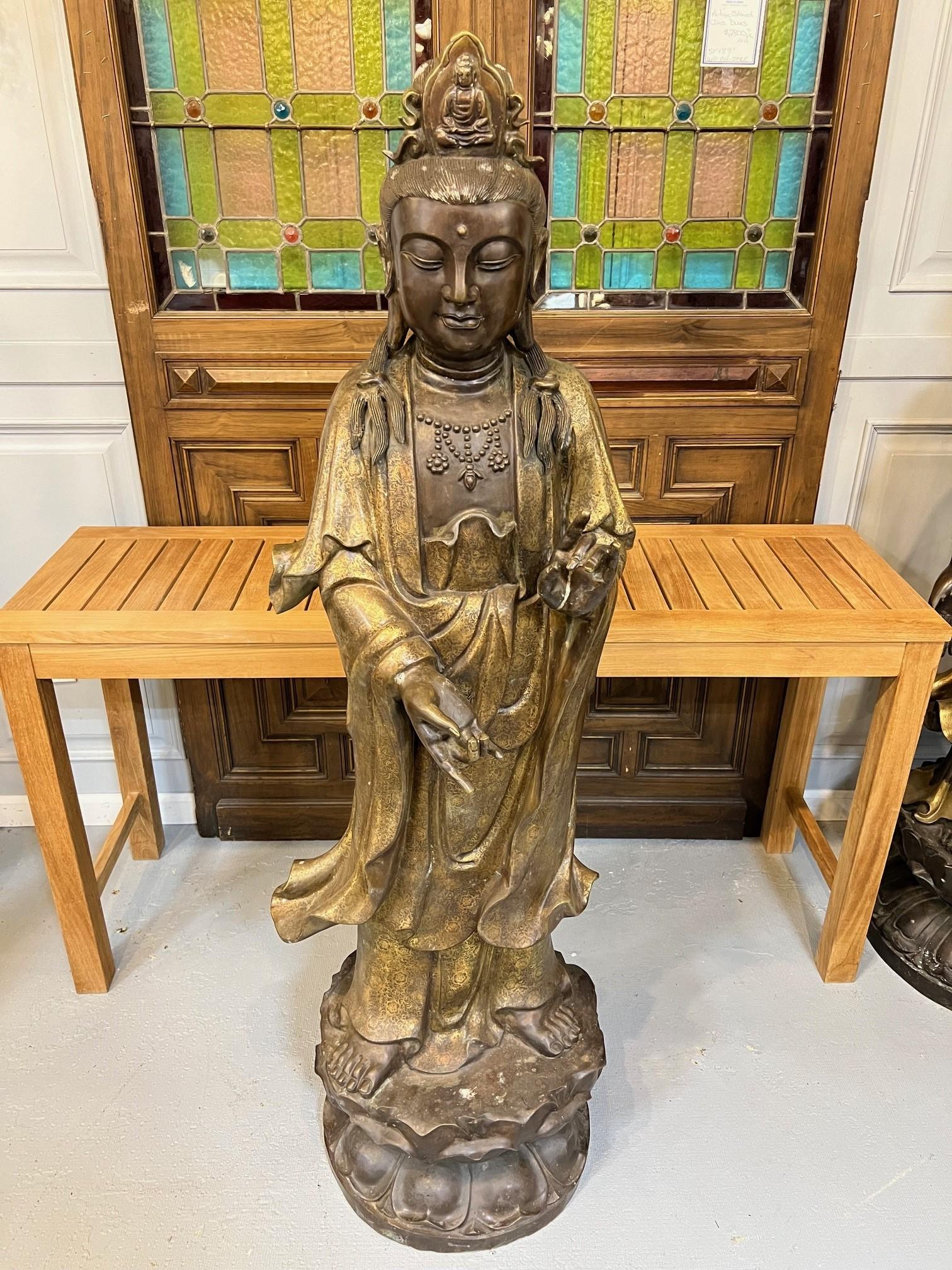 Tall Pair of 20th Century Standing Bronze Tibetan Buddha and Quan Yin Statue  For Sale 9