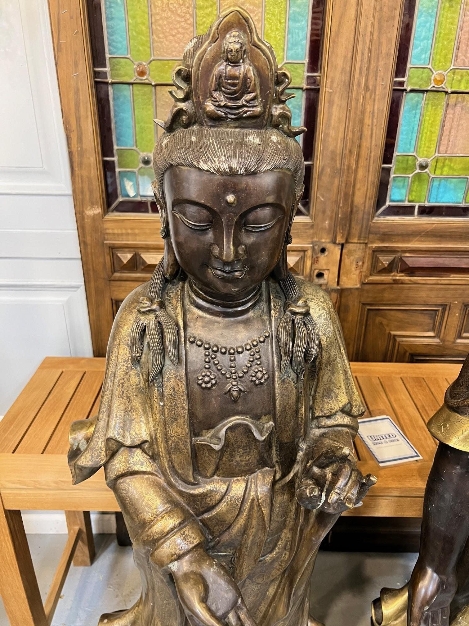 Tall Pair of 20th Century Standing Bronze Tibetan Buddha and Quan Yin Statue  In Good Condition For Sale In Stamford, CT