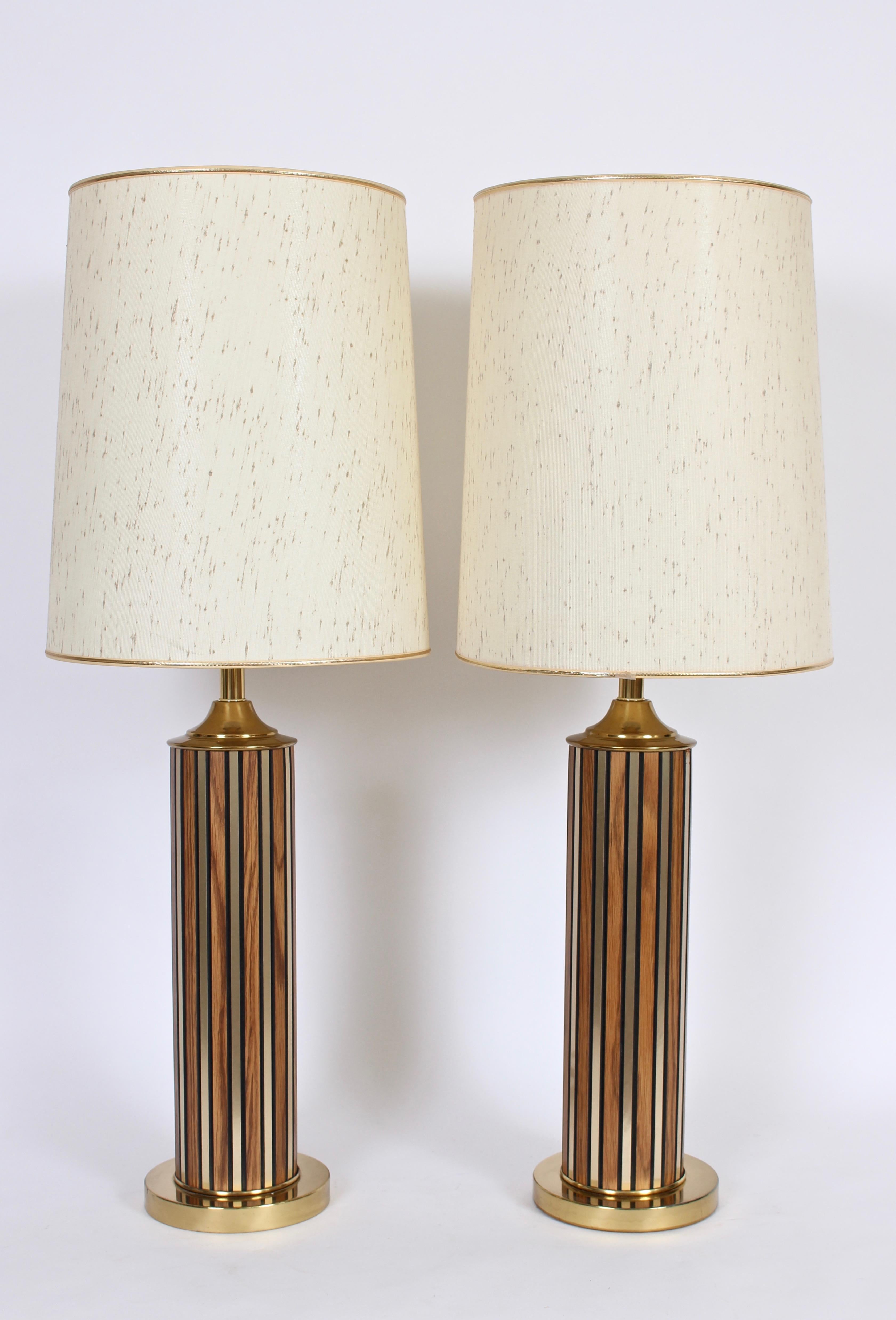 Tall Pair of Alternating Brass and Walnut Column Table Lamps, circa 1970 4