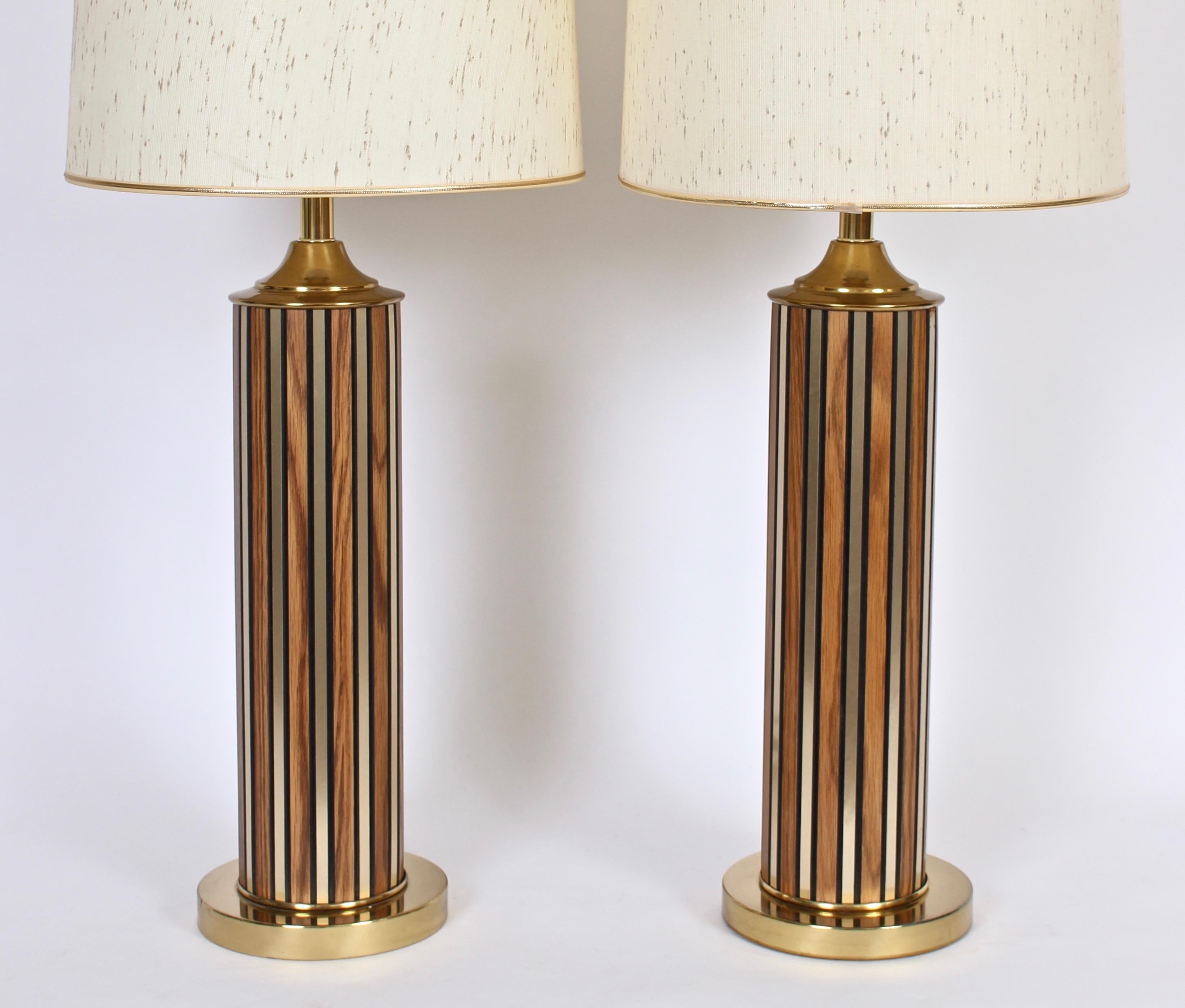 Tall Pair of Alternating Brass and Walnut Column Table Lamps, circa 1970 5
