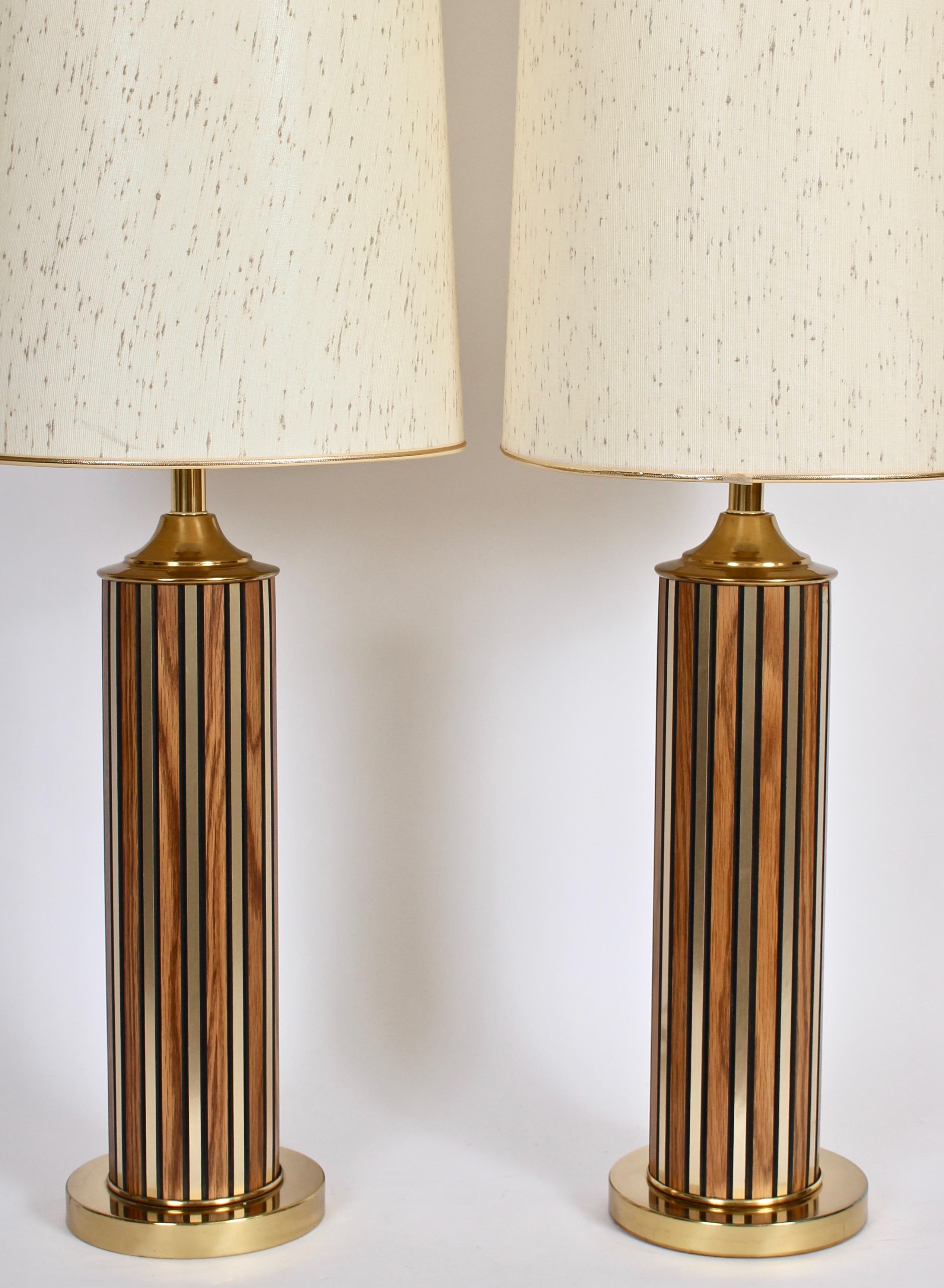 Modern Tall Pair of Alternating Brass and Walnut Column Table Lamps, circa 1970
