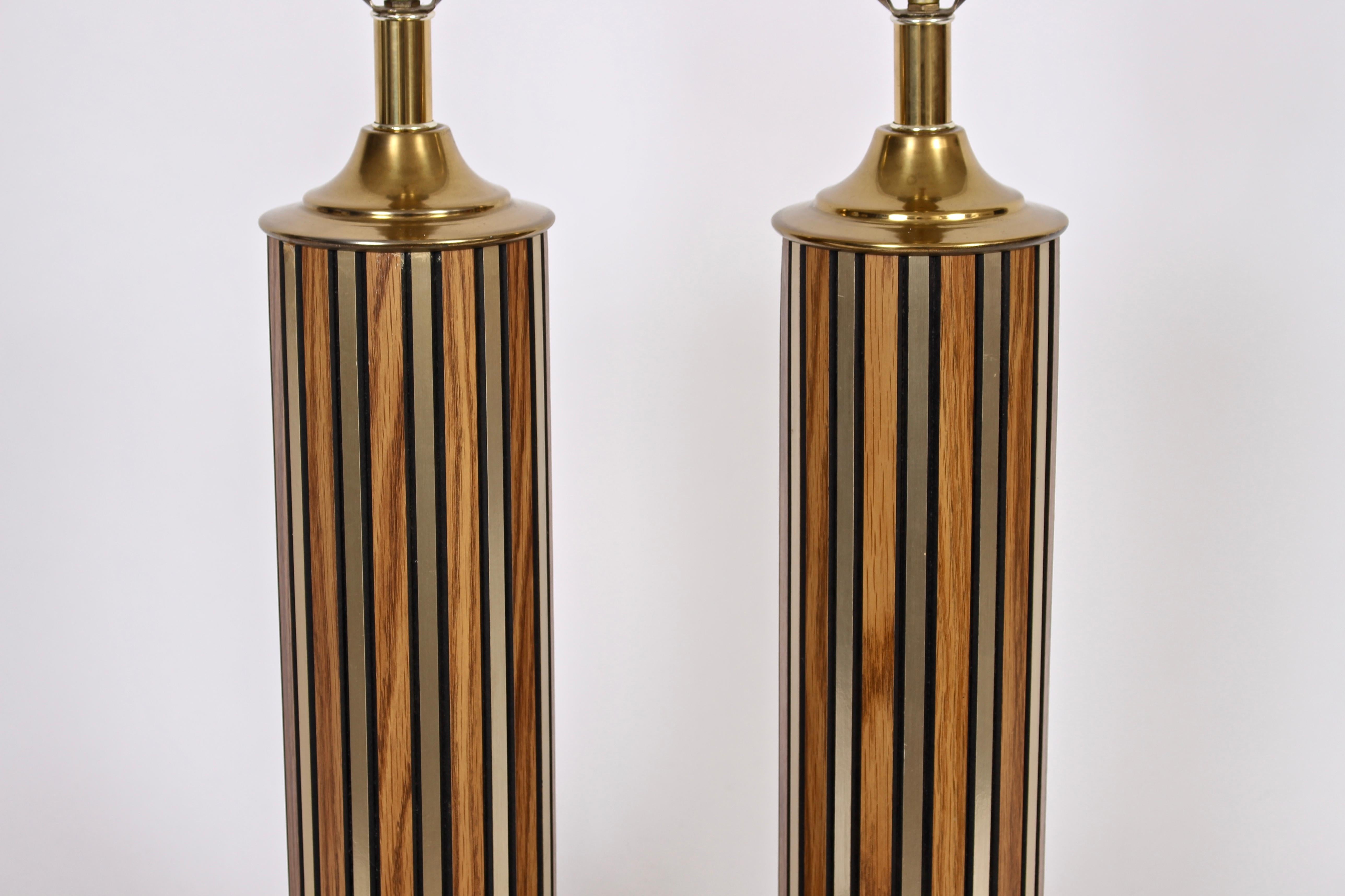 American Tall Pair of Alternating Brass and Walnut Column Table Lamps, circa 1970