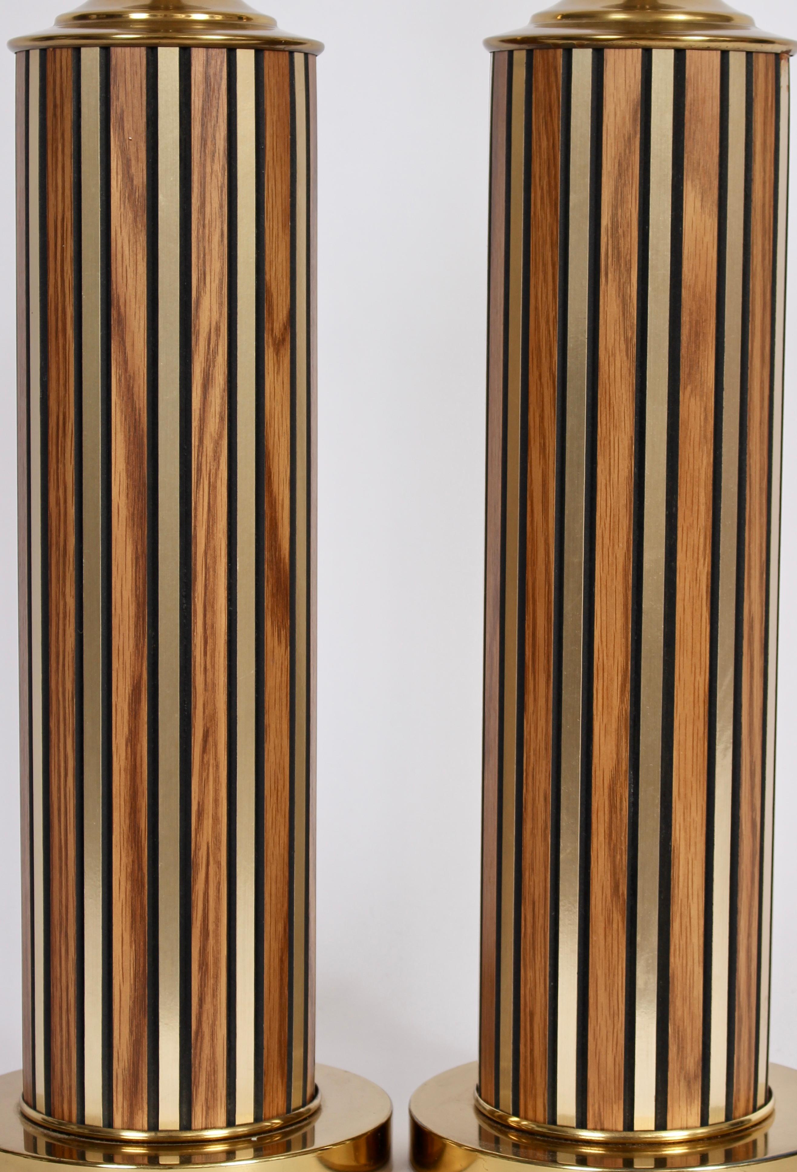 20th Century Tall Pair of Alternating Brass and Walnut Column Table Lamps, circa 1970