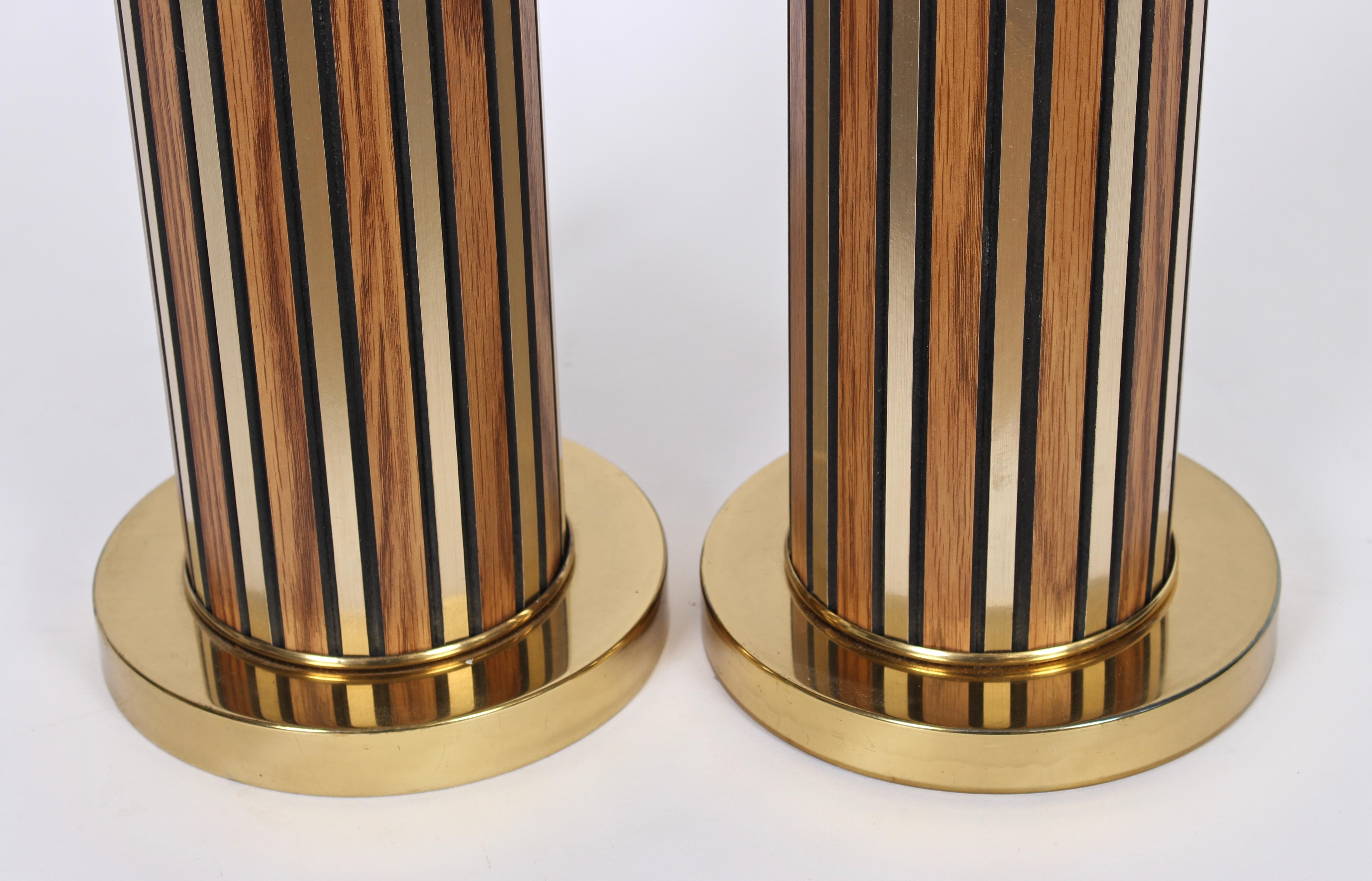 Tall Pair of Alternating Brass and Walnut Column Table Lamps, circa 1970 1