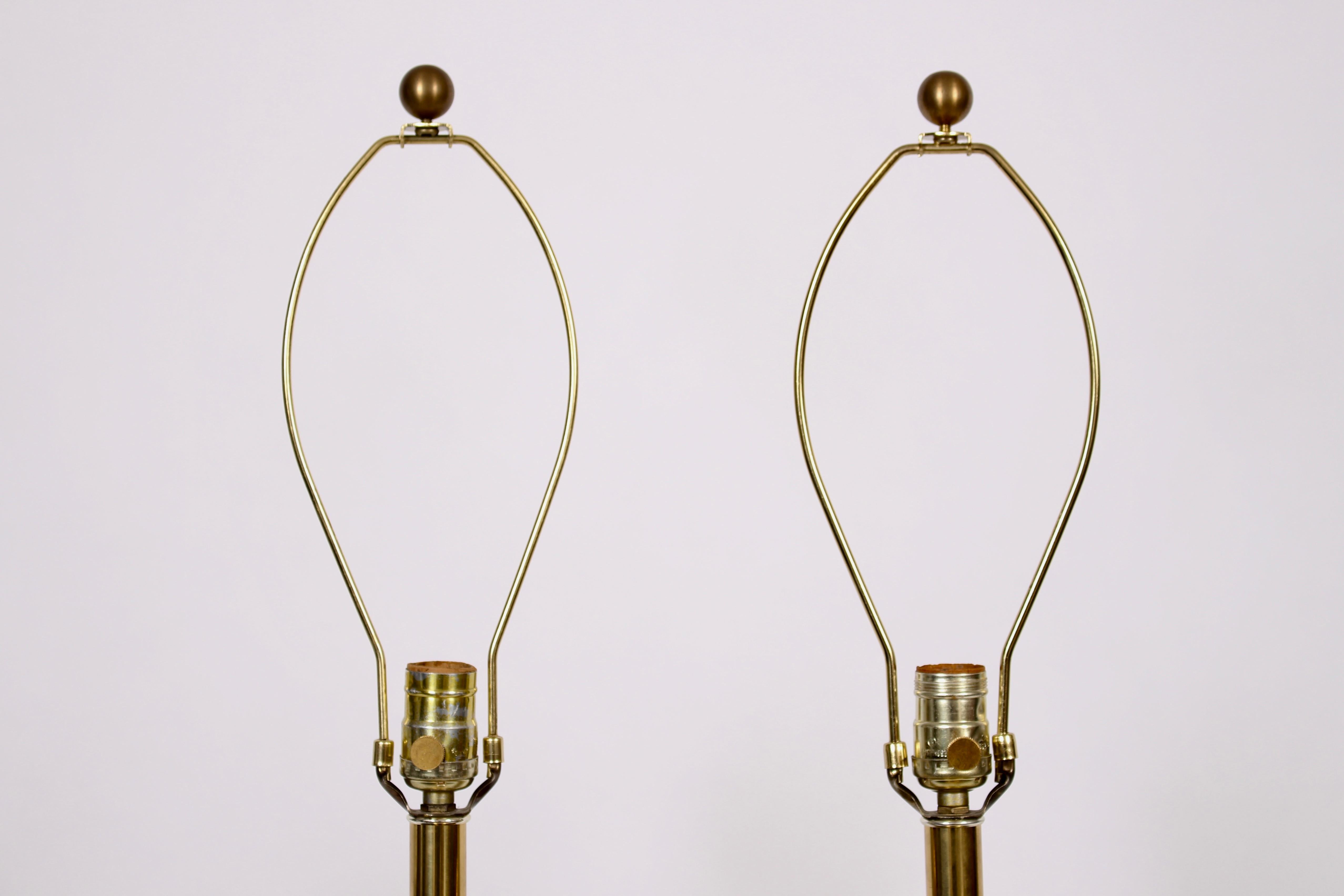 Tall Pair of Alternating Brass and Walnut Column Table Lamps, circa 1970 2