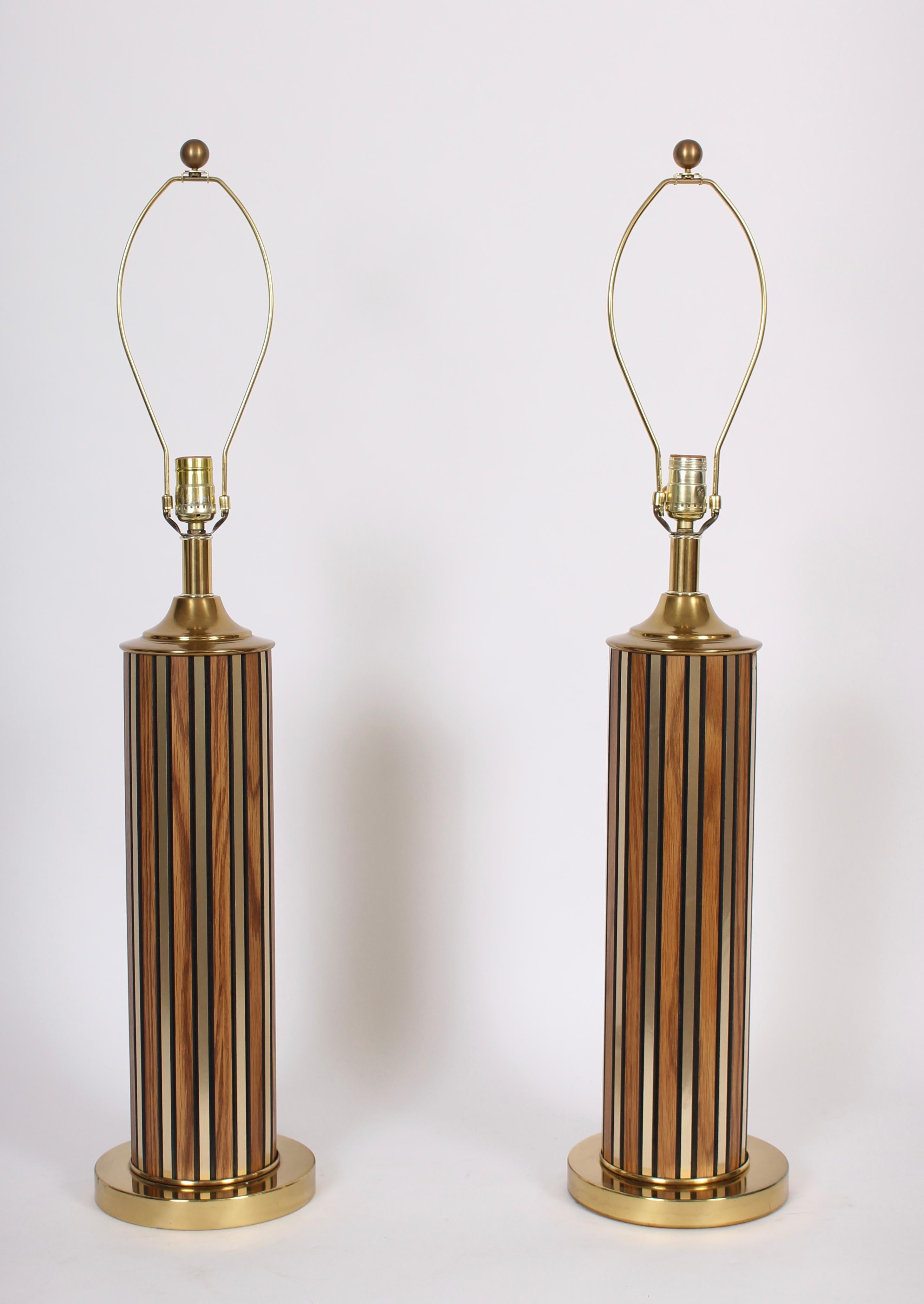 Tall Pair of Alternating Brass and Walnut Column Table Lamps, circa 1970 3