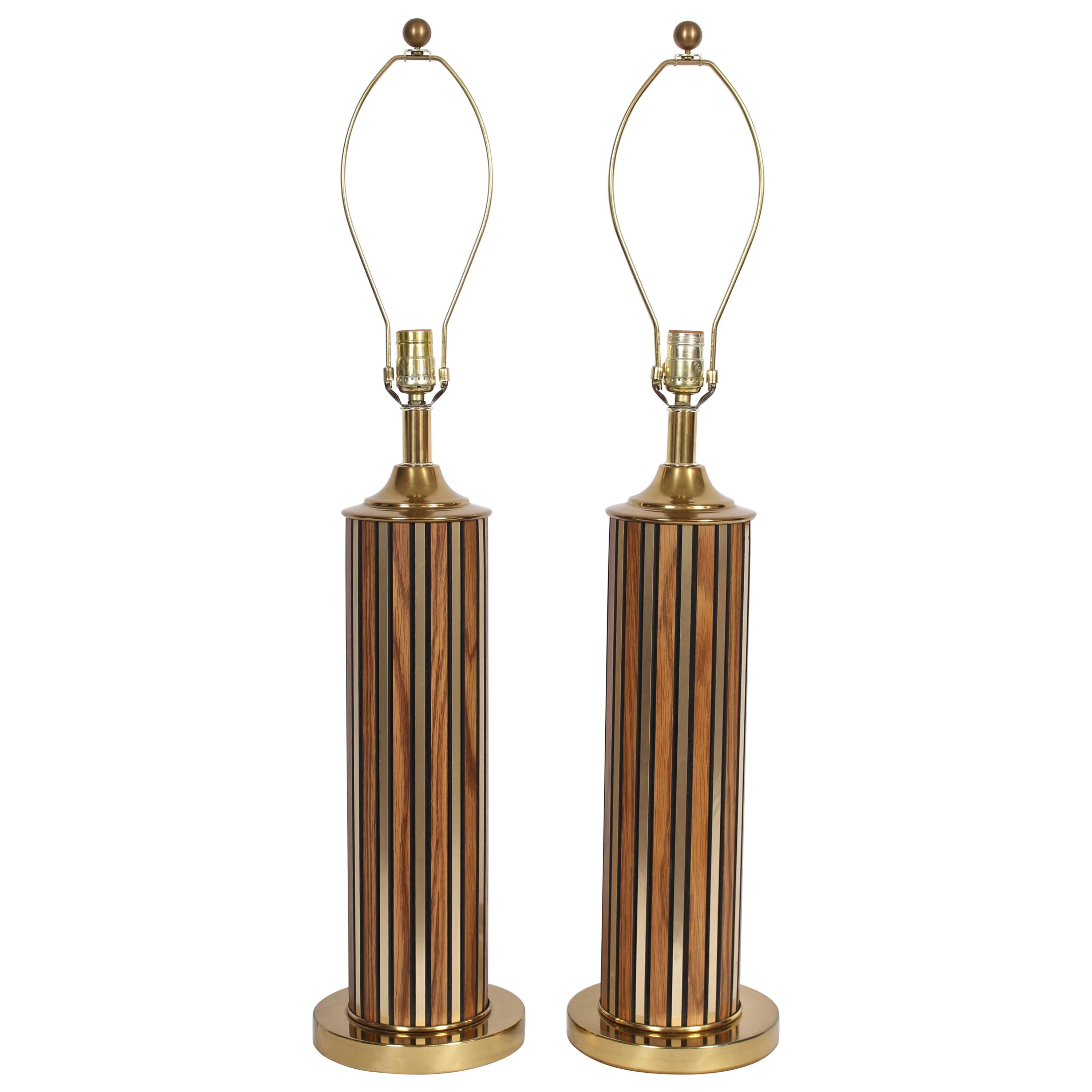 Tall Pair of Alternating Brass and Walnut Column Table Lamps, circa 1970