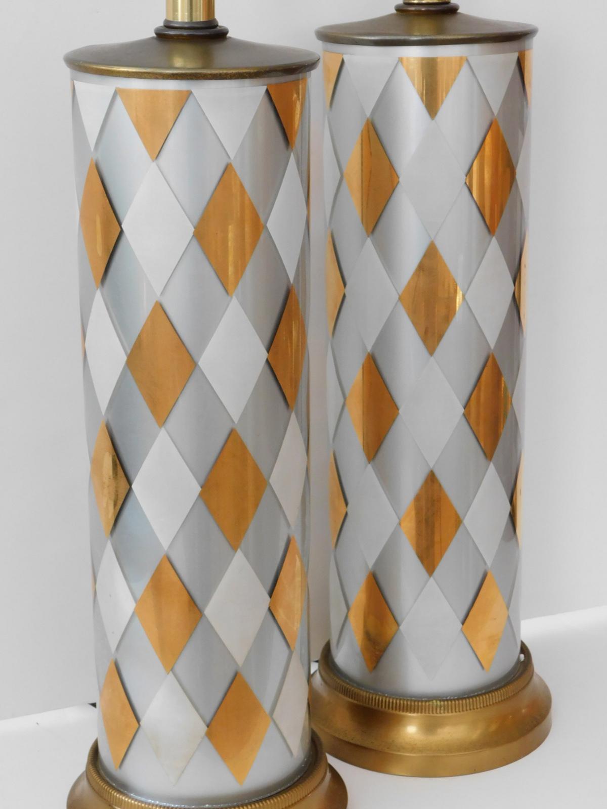 Mid-Century Modern Tall Pair of American 1960s Cylindrical-form Harlequin Cased Glass Lamps