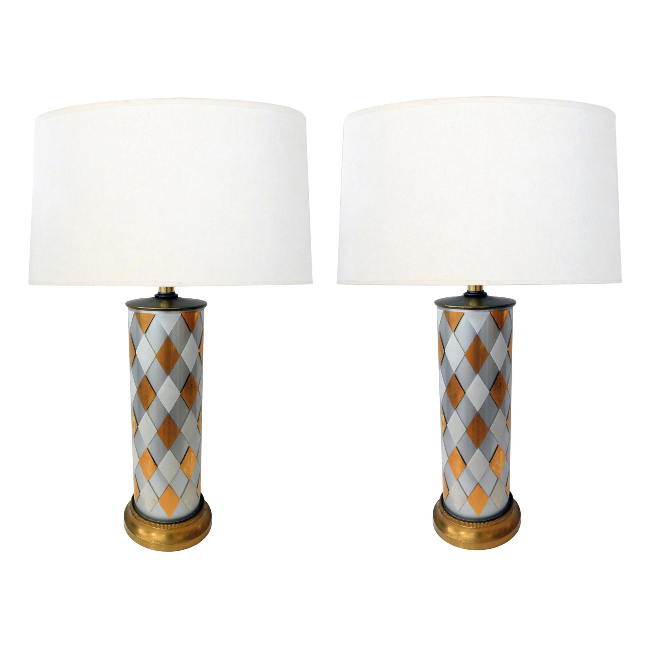 Tall Pair of American 1960s Cylindrical-form Harlequin Cased Glass Lamps
