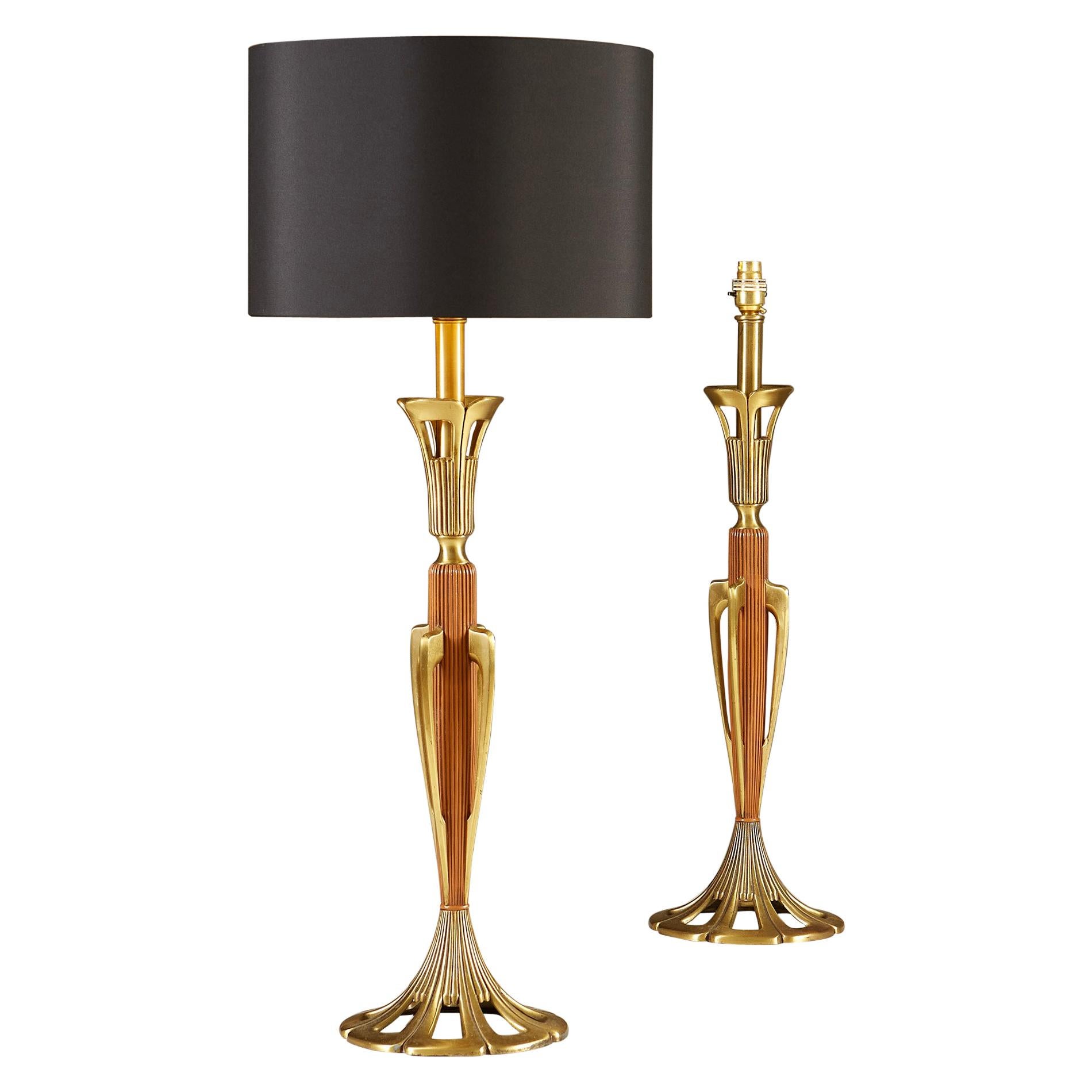 Tall Pair of American Wood and Brass Table Lamps For Sale