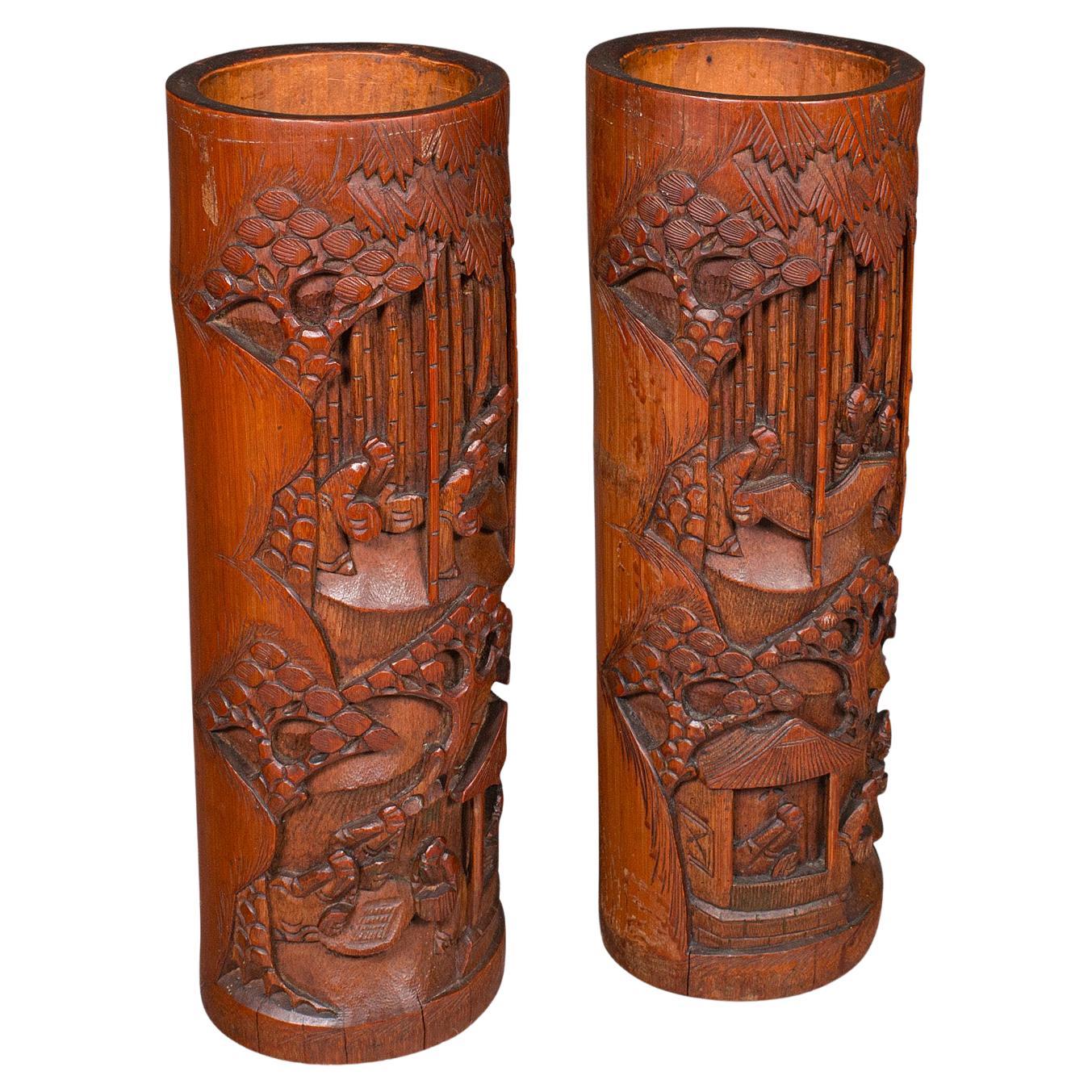 Tall Pair Of Antique Brush Pots, Chinese, Bamboo, Bitong, Flower Vase, Victorian For Sale