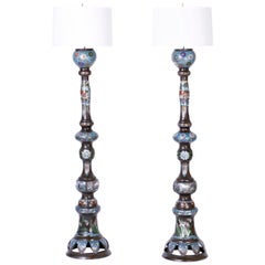 Tall Pair of Antique Chinese Bronze and Enamel Floor Lamps