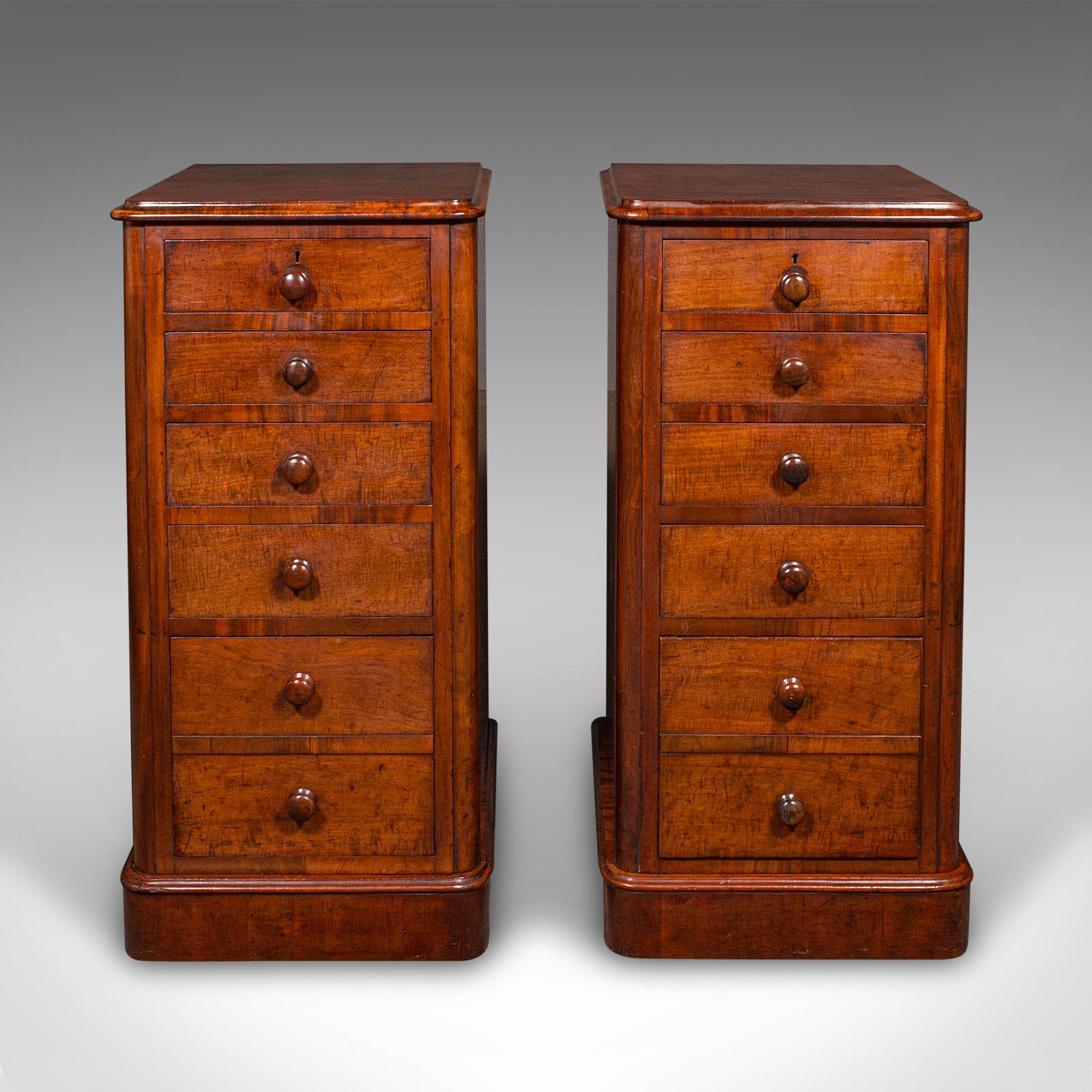 This is a pair of antique nightstands. An English, mahogany bank of drawers or bedside pedestals, dating to the mid Victorian period, circa 1860.

Exceptional Victorian craftsmanship with attractive proportion and finish
Versatile in use — perfect