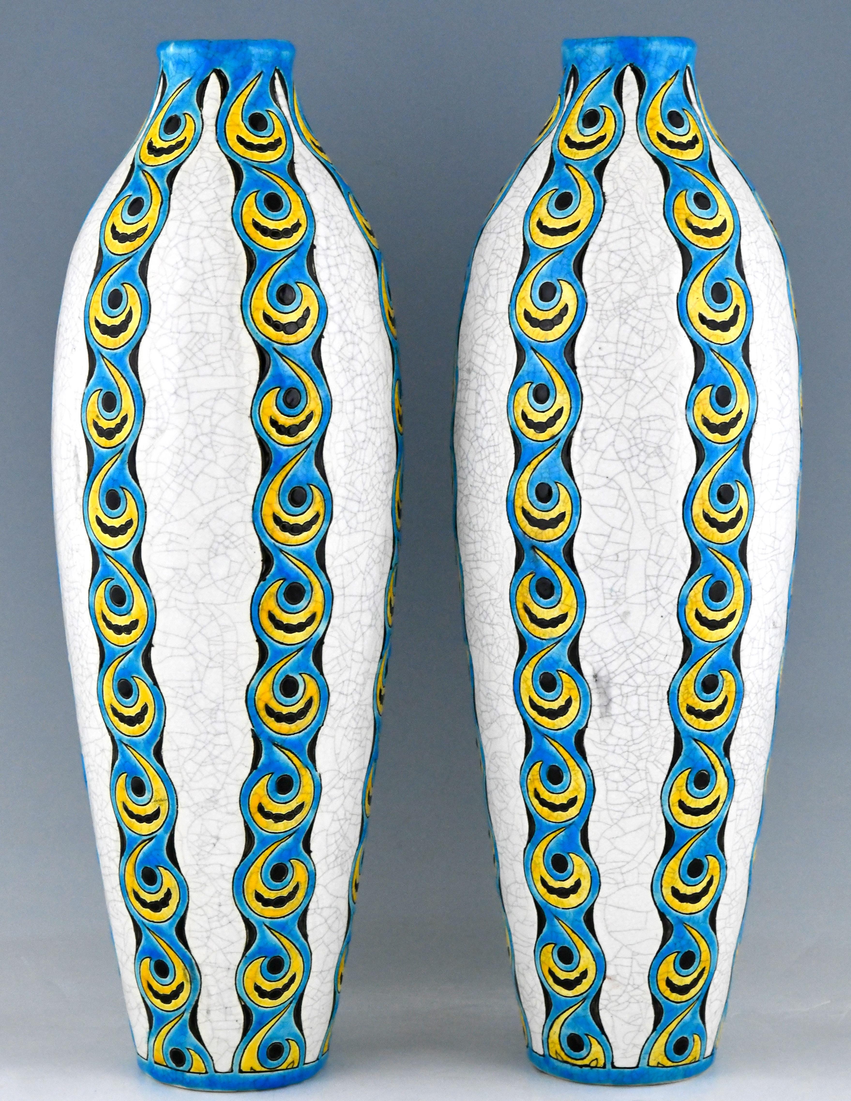 Belgian Tall Pair of Art Deco Craquelé Vases by Charles Catteau for Boch Frères