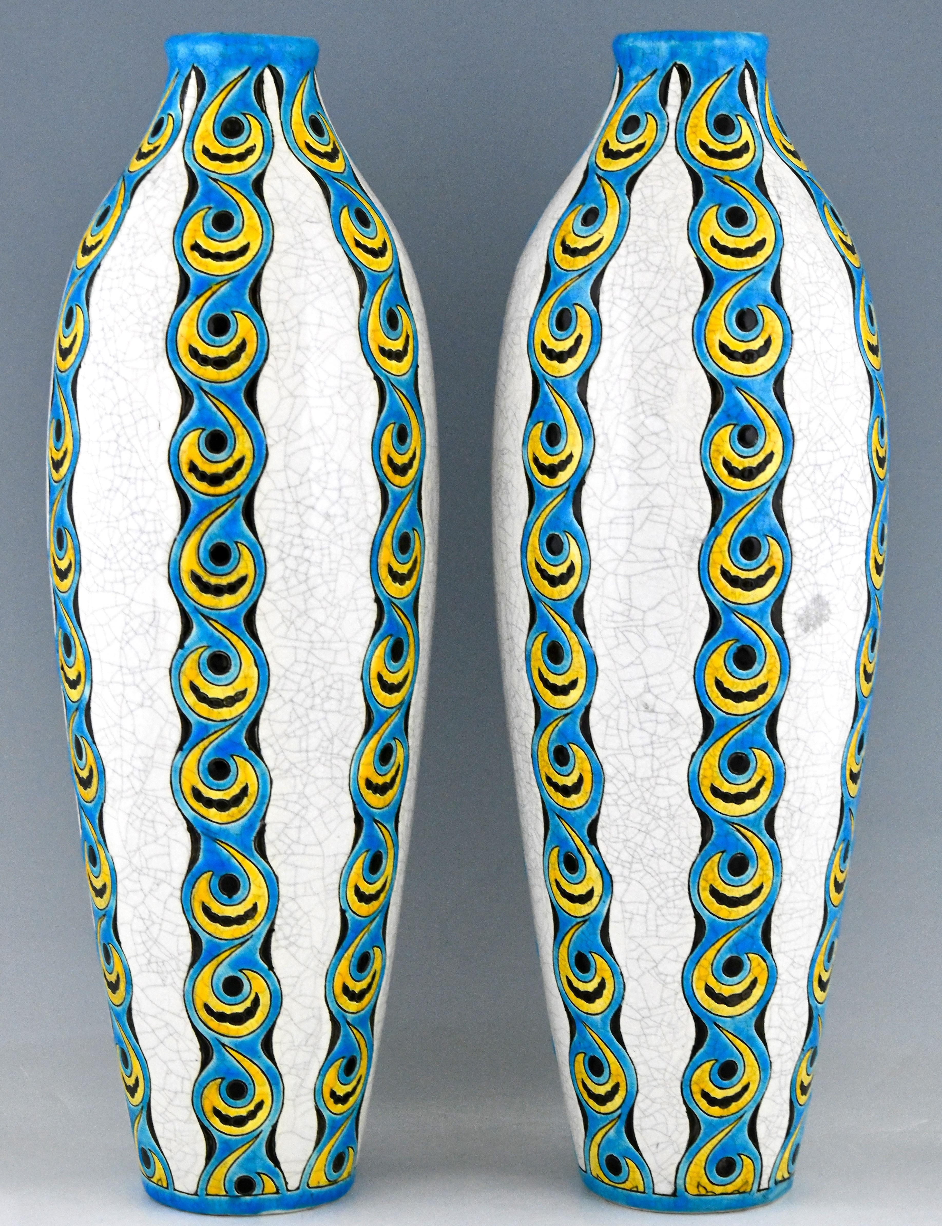 Tall Pair of Art Deco Craquelé Vases by Charles Catteau for Boch Frères In Good Condition In Antwerp, BE