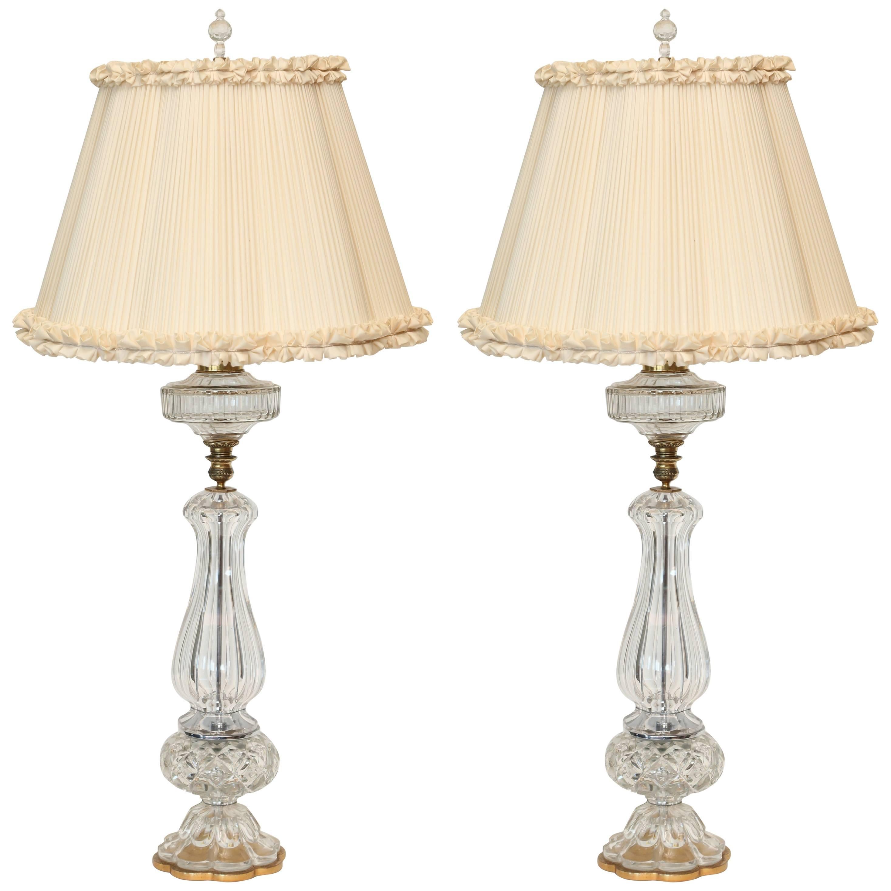 Tall Pair of Austrian Cut-Glass and Brass Lamps