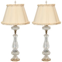 Antique Tall Pair of Austrian Cut-Glass and Brass Lamps