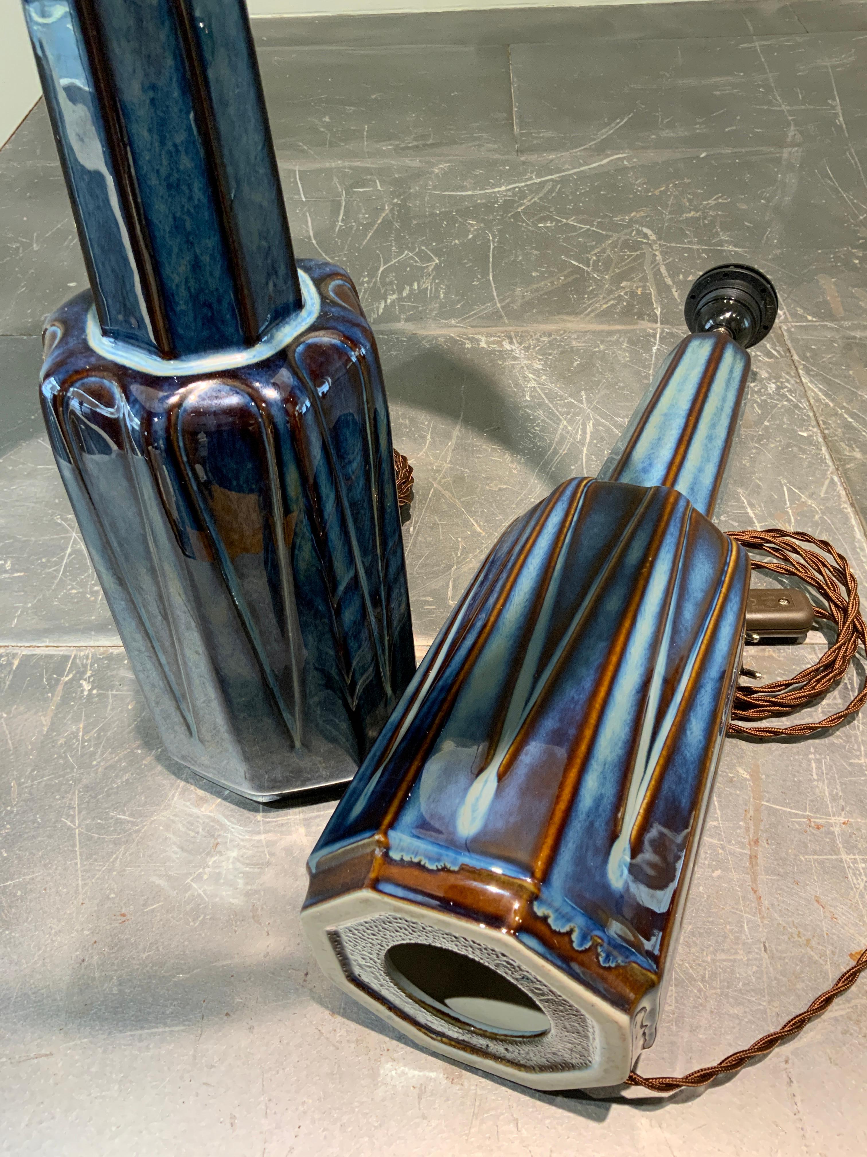 Danish Tall pair of blue ceramic lamps Soholm Denmark 1970