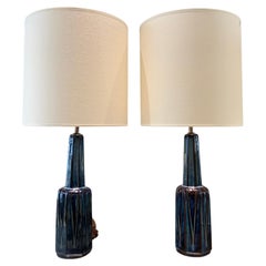 Tall pair of blue ceramic lamps Soholm Denmark 1970