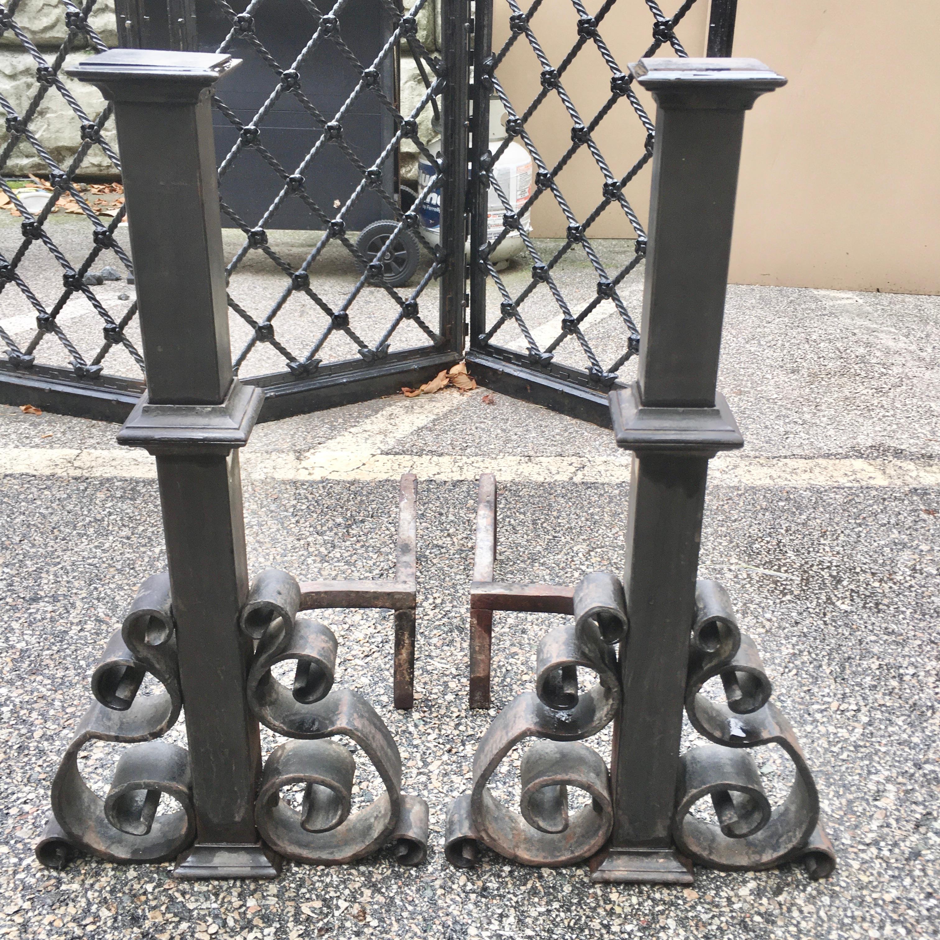 Renaissance Revival Antique Pair of Cast and Wrought Iron Andirons